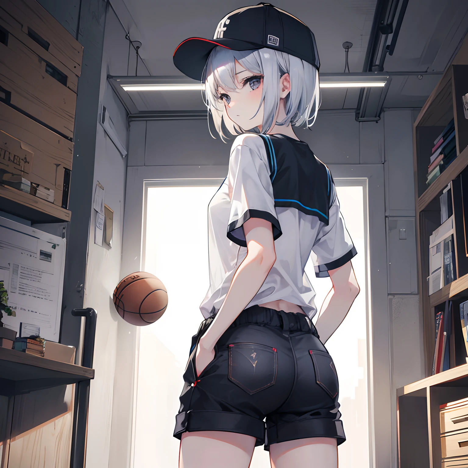 {{Best quality}, {tmasterpiece}, {{ultra - detailed}, illustration), {Detailed light}, {Extremely Delicately Beautiful)，1girll，cool girl，Back shadow，Basketball shirt，baseball cap，Hot Pants，Put your hands in your pockets，Alchemy Laboratory，the mystery of unknown territories，Silver hair，short hair，Black eyes，Game scene graph