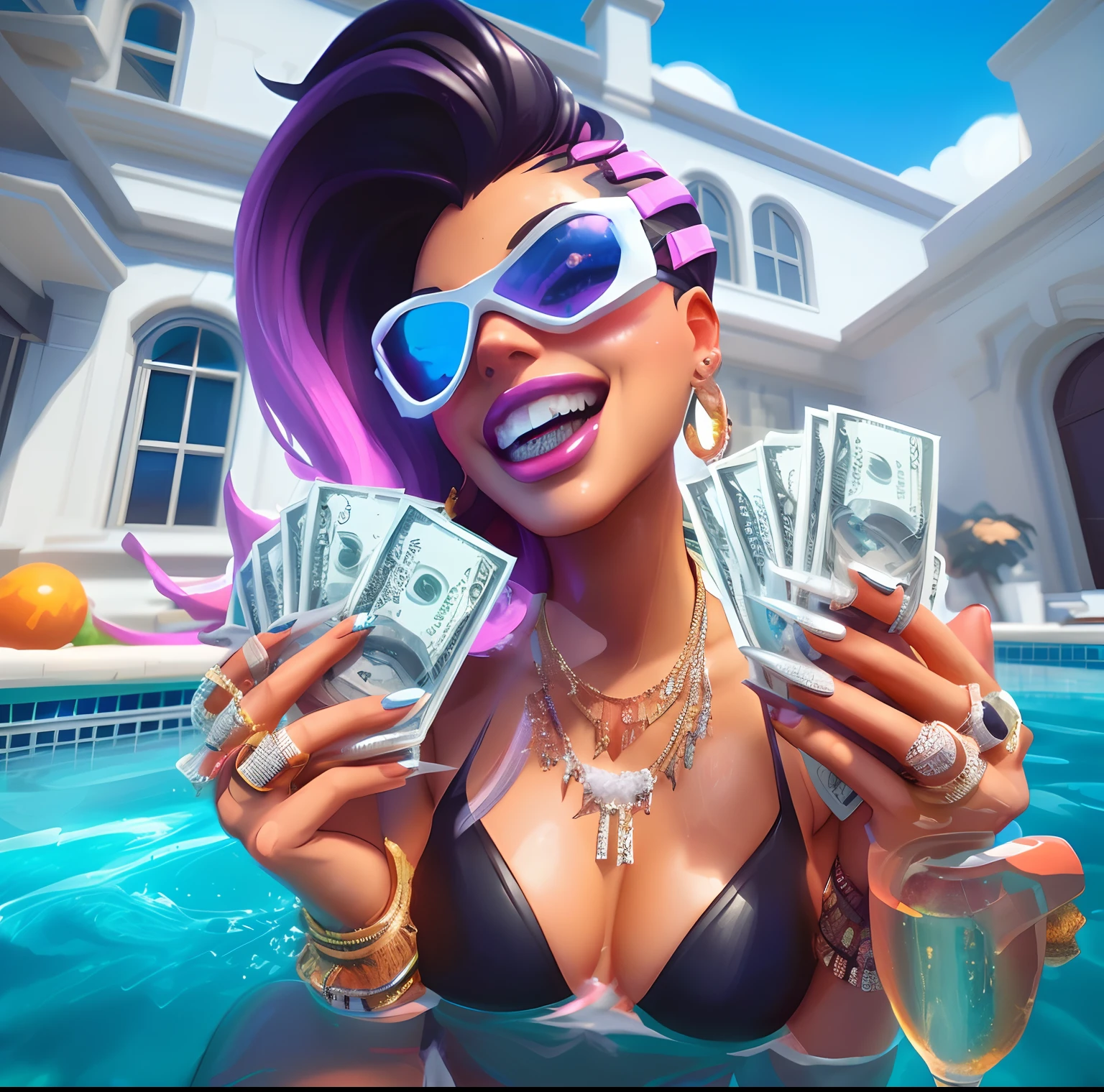 a woman in a bikini holding money in front of a pool, epic art style, splash art, jen bartel, official splash art, kda, stylized art, rossdraws global illumination, jody highroller, stunning art style, rossdraws and jazza, molly millions, fortnite art style, trending on artstation.', paid artwork, official artwork