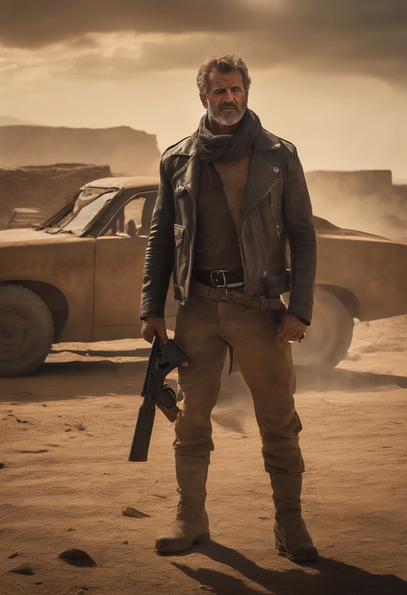 (best quality,4k,8k,highres,masterpiece:1.2),ultra-detailed,(realistic,photorealistic,photo-realistic:1.37),Mad Max 4 movie poster,old Mel Gibson walking,carrying a sawed-off shotgun,cat,desert wasteland,sandstorm blowing,post-apocalyptic setting,burning ruins,barren landscape,heavy metal soundtrack,gritty atmosphere,dystopian world,dilapidated vehicles,cyberpunk elements,desolate horizon,ominous clouds,harsh sunlight,gritty texture,explosions,chaotic scenes,bullet shells scattered,dust swirling,orange and brown color palette,hard shadows,cracked ground,overgrown weeds,the sound of engines revving,skull emblem,weathered leather jacket,scarred face,intense expression,gritty facial hair,worn-out boots,torn clothing,feral cat,alert eyes,intense gaze