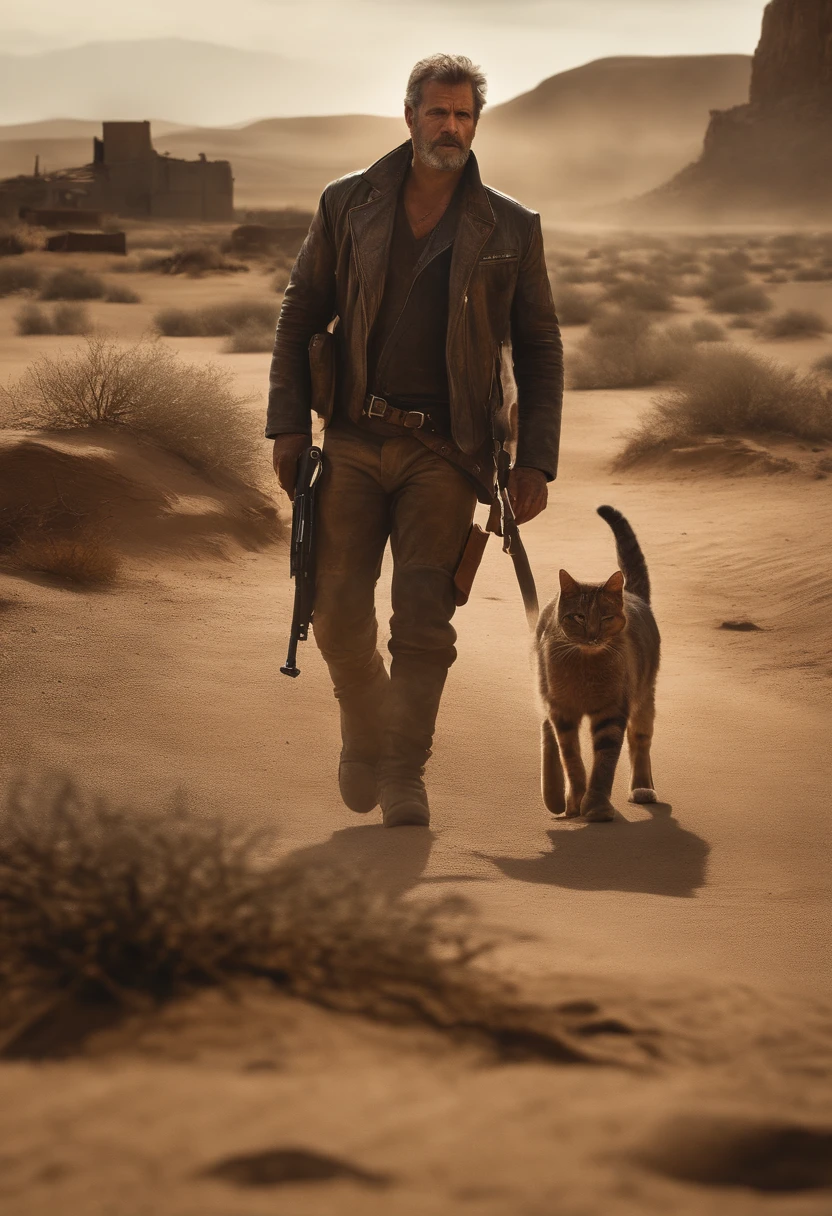 (best quality,4k,8k,highres,masterpiece:1.2),ultra-detailed,(realistic,photorealistic,photo-realistic:1.37),Mad Max 4 movie poster,old Mel Gibson walking,carrying a sawed-off shotgun,cat,desert wasteland,sandstorm blowing,post-apocalyptic setting,burning ruins,barren landscape,heavy metal soundtrack,gritty atmosphere,dystopian world,dilapidated vehicles,cyberpunk elements,desolate horizon,ominous clouds,harsh sunlight,gritty texture,explosions,chaotic scenes,bullet shells scattered,dust swirling,orange and brown color palette,hard shadows,cracked ground,overgrown weeds,the sound of engines revving,skull emblem,weathered leather jacket,scarred face,intense expression,gritty facial hair,worn-out boots,torn clothing,feral cat,alert eyes,intense gaze