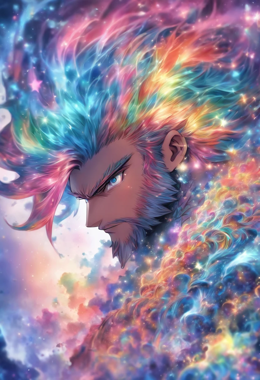 (masterpiece, top quality, best quality,watercolor (medium),official art, beautiful and aesthetic :1.2),(1 midele-age man eith short beard:1.3), (fractal art:1.3),upper body, from side, looking at viewer,patterns,(rainbow color Hair,colorful hair,half blue and half pink hair:1.2),water,liquid, cloud,colorful, starry,stars,