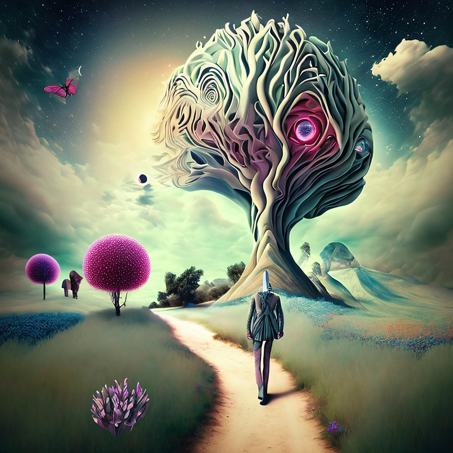 Imagem de uma pessoa caminhando em uma estrada com borboletas voando ao redor, obra sobre um caminho para a liberdade, Portal dos Sonhos, design surreal, arte digital fantasia, imagination cosmic dream, Arte digital surrealista, Artistic illustration, arte sonhadora, magical composition, paper awesome wallpaper, arte surreal, Viagem Astral, dreamlike surrealism, dreamlike art, Arte digital elaborada