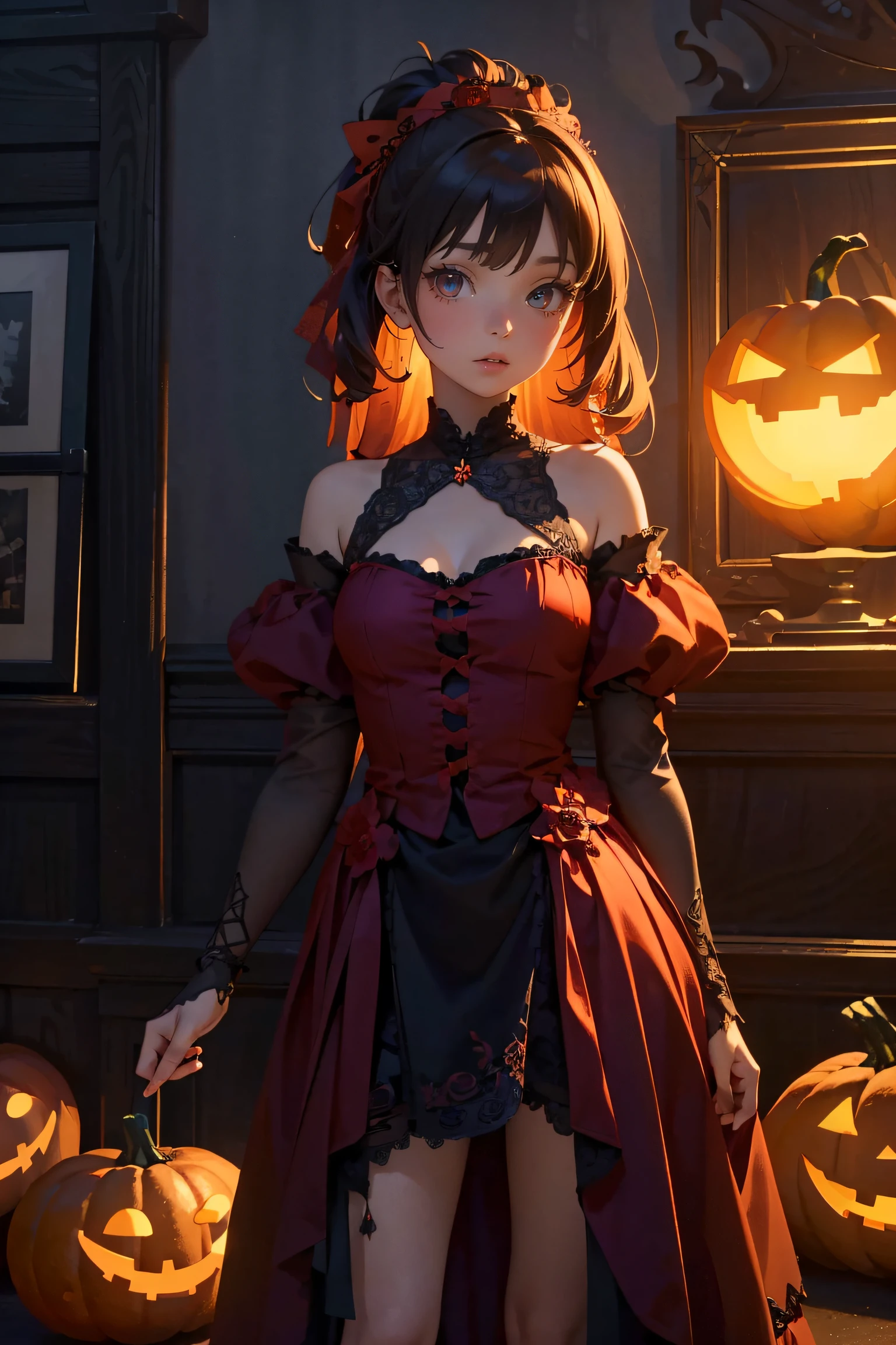 best quality, masterpiece, extremely detailed CG unity 8k wallpaper,(Beautiful and delicate: 1.2),offical art,1 girl, mysterious, gorgeous, Halloween costume, standing, straight-on, ancient castle, dark red, pumpkin lantern, terrifying patterns, symbols,Halloween theme