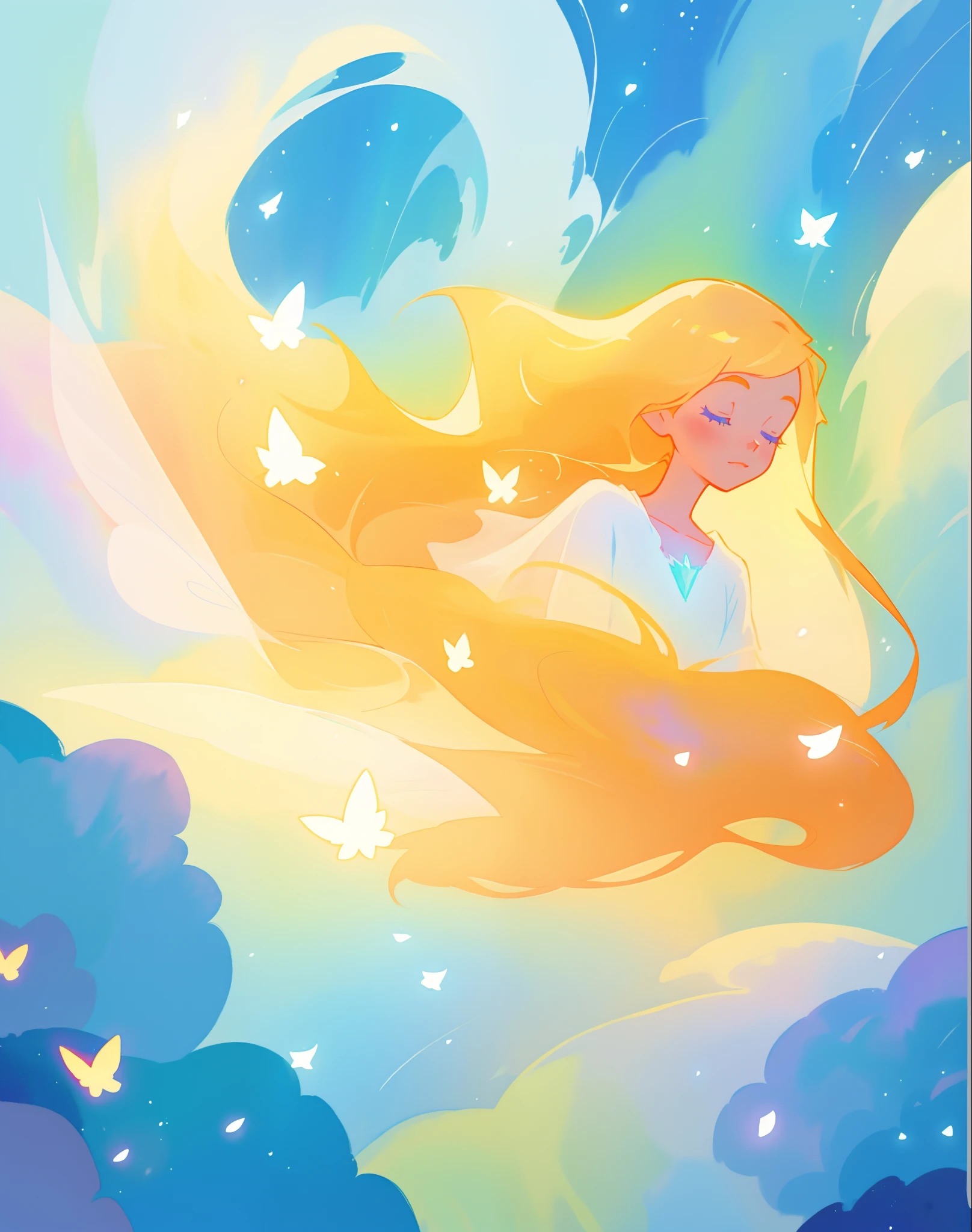 beautiful girl in white dress, fairy dress, long golden hair, watercolor illustration, inspired by Glen Keane, inspired by Lois van Baarle, disney art style, by Lois van Baarle, glowing aura around her, by Glen Keane, jen bartel, glowing lights! digital painting, flowing glowing hair, glowing flowing hair, beautiful digital illustration, fantasia otherworldly landscape plants flowers, beautiful, masterpiece, best quality, anime disney style