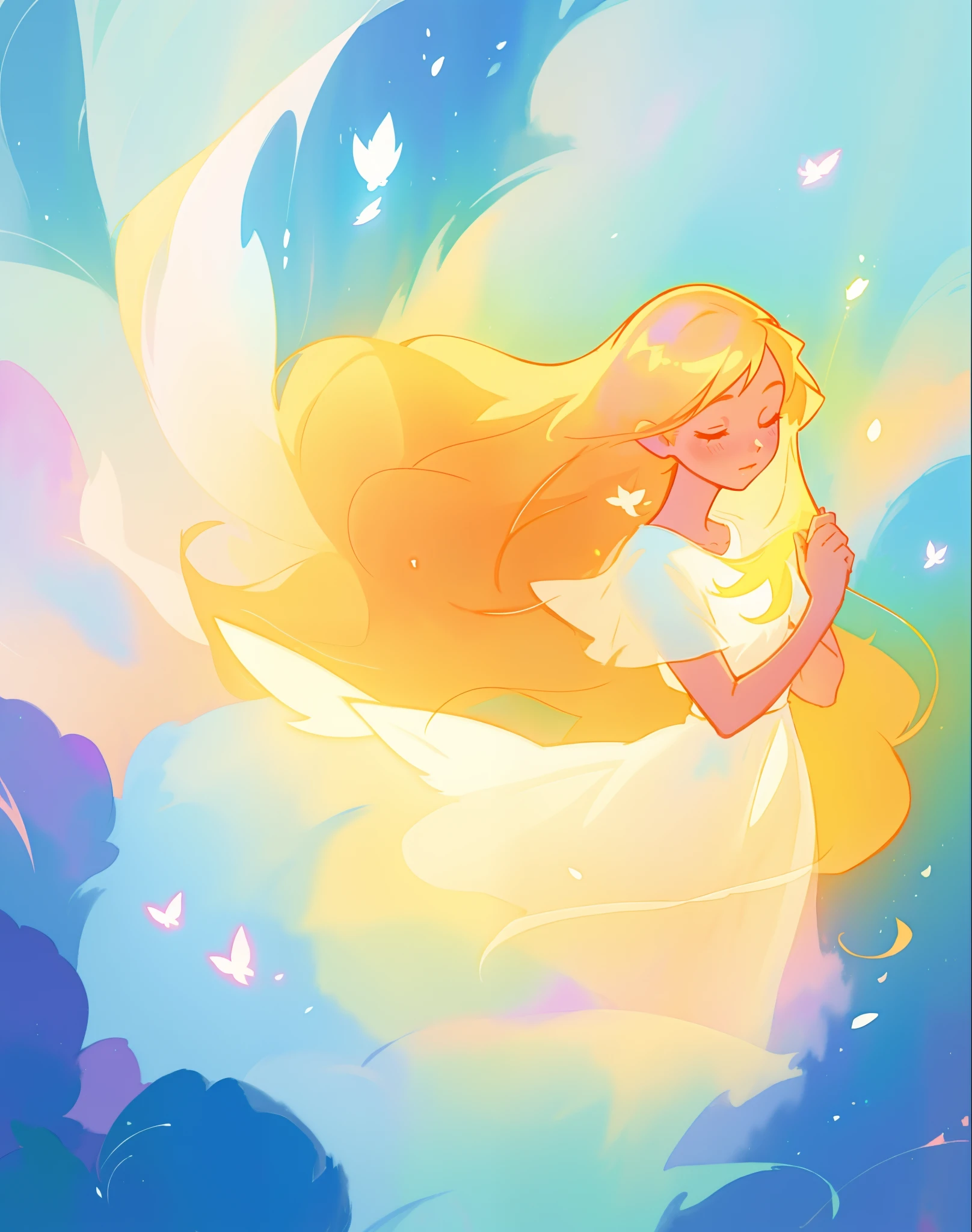 beautiful girl in white dress, fairy dress, long golden hair, watercolor illustration, inspired by Glen Keane, inspired by Lois van Baarle, disney art style, by Lois van Baarle, glowing aura around her, by Glen Keane, jen bartel, glowing lights! digital painting, flowing glowing hair, glowing flowing hair, beautiful digital illustration, fantasia otherworldly landscape plants flowers, beautiful, masterpiece, best quality, anime disney style