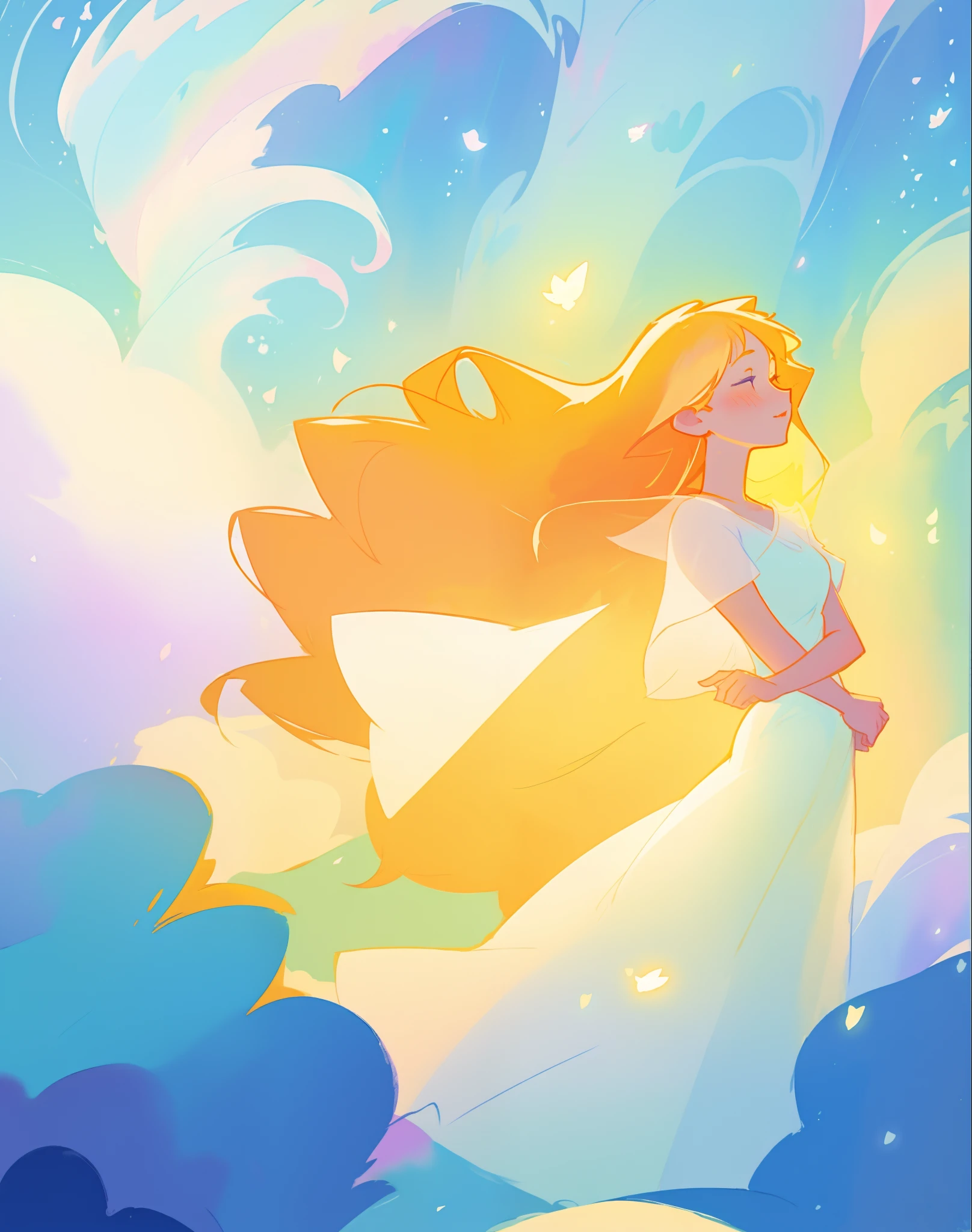beautiful girl in white dress, fairy dress, long golden hair, watercolor illustration, inspired by Glen Keane, inspired by Lois van Baarle, disney art style, by Lois van Baarle, glowing aura around her, by Glen Keane, jen bartel, glowing lights! digital painting, flowing glowing hair, glowing flowing hair, beautiful digital illustration, fantasia otherworldly landscape plants flowers, beautiful, masterpiece, best quality, anime disney style