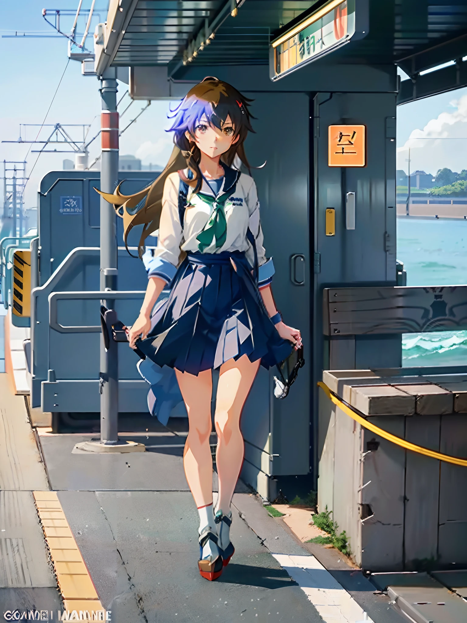 anime girl with long hair walking on a train platform, kantai collection style, railgun, konpeki no kantai, kantai collection arcade, kancolle, makoto shinkai style, anime visual of a cute girl, makoto shinkai art style, beautiful anime high school girl, anime style 4 k, official artwork, shinkai makoto
