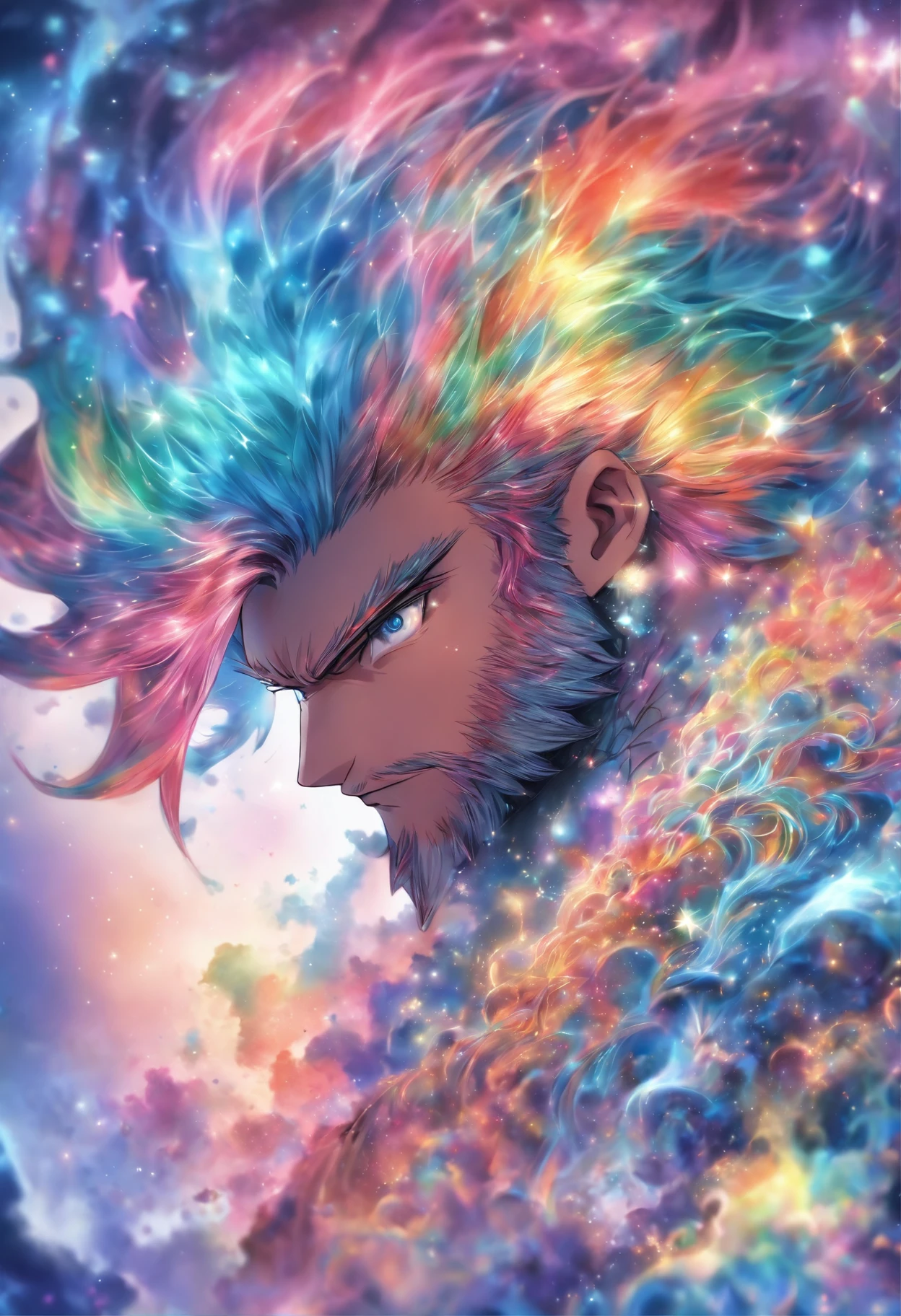 (masterpiece, top quality, best quality,watercolor (medium),official art, beautiful and aesthetic :1.2),(1 midele-age man eith short beard:1.3), (fractal art:1.3),upper body, from side, looking at viewer,patterns,(rainbow color Hair,colorful hair,half blue and half pink hair:1.2),water,liquid, cloud,colorful, starry,stars,