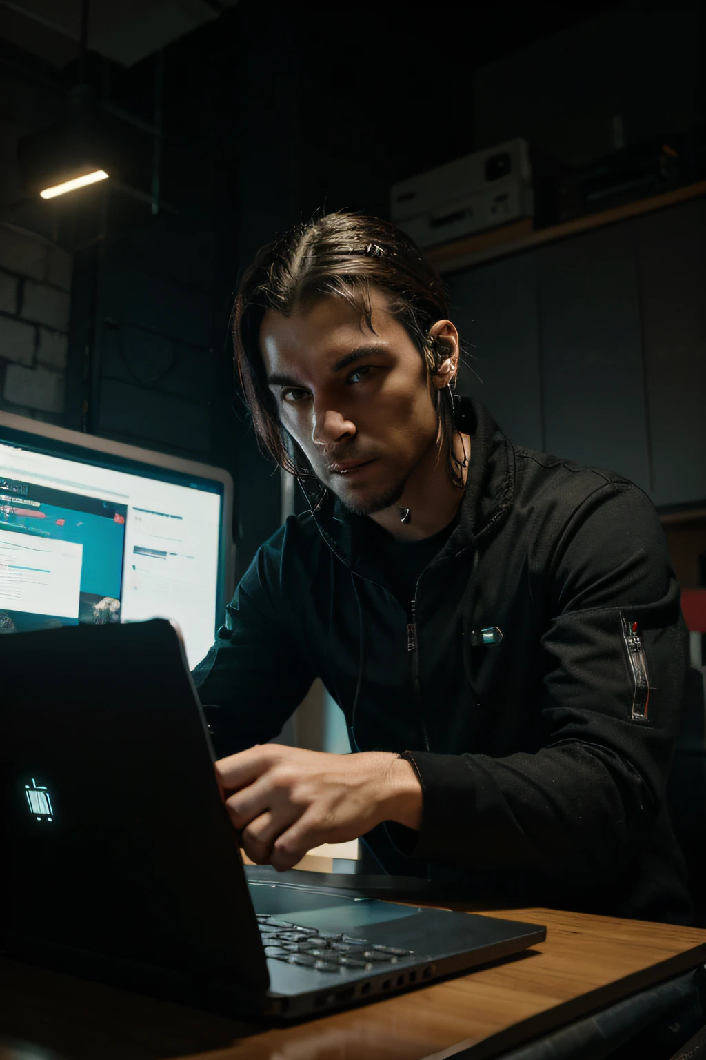 um homem cyberpunk em uma sala cyberpunk, trabalhando em Laptop