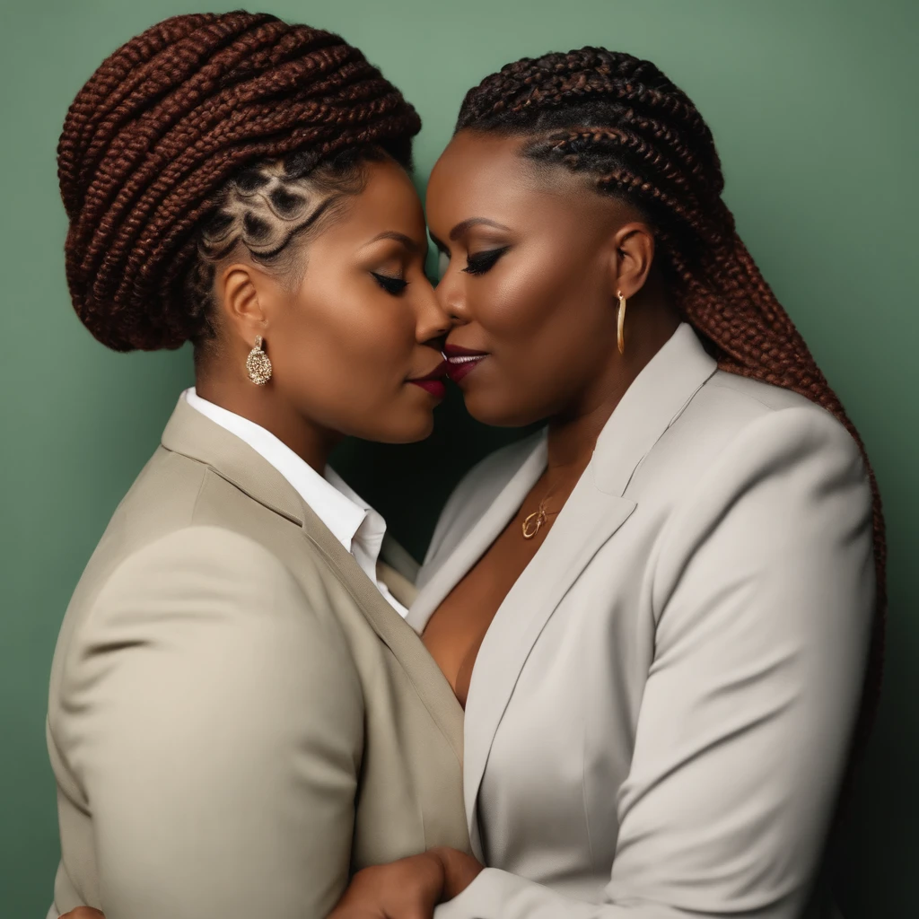 45-year-old brown skin adult boyish tomboy lesbians, 1 curvy bbw with braids wearing suits kissing each others bodies