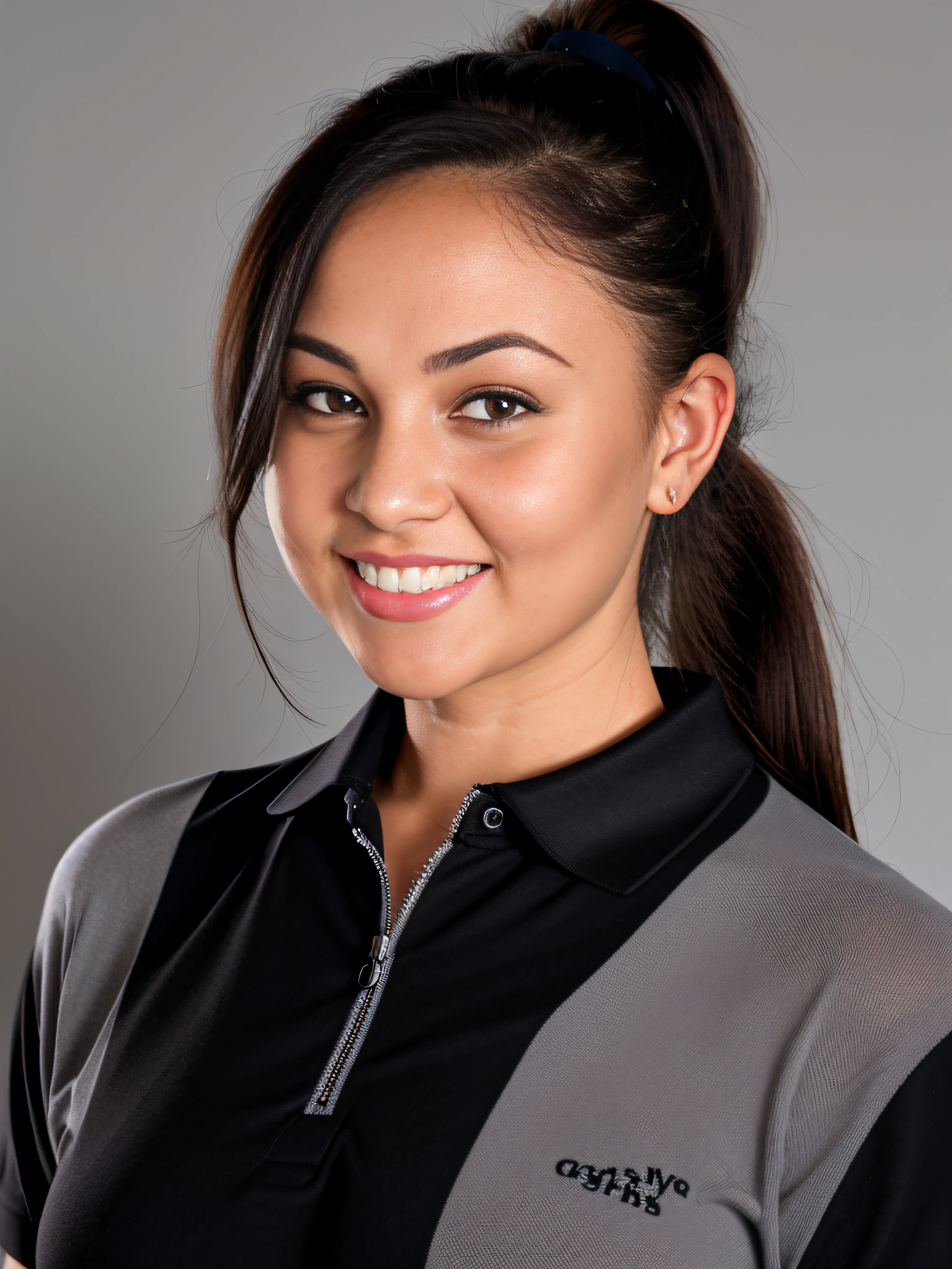 portrait photograph of ar1ana, a woman with a black polo shirt smiling for a picture in a studio photo with (a grey background:1.3), hair in a ponytail, id photo, high school background, depth of field, f22, detailed skin texture, (blush:0.5), (goosebumps:0.5), subsurface scattering