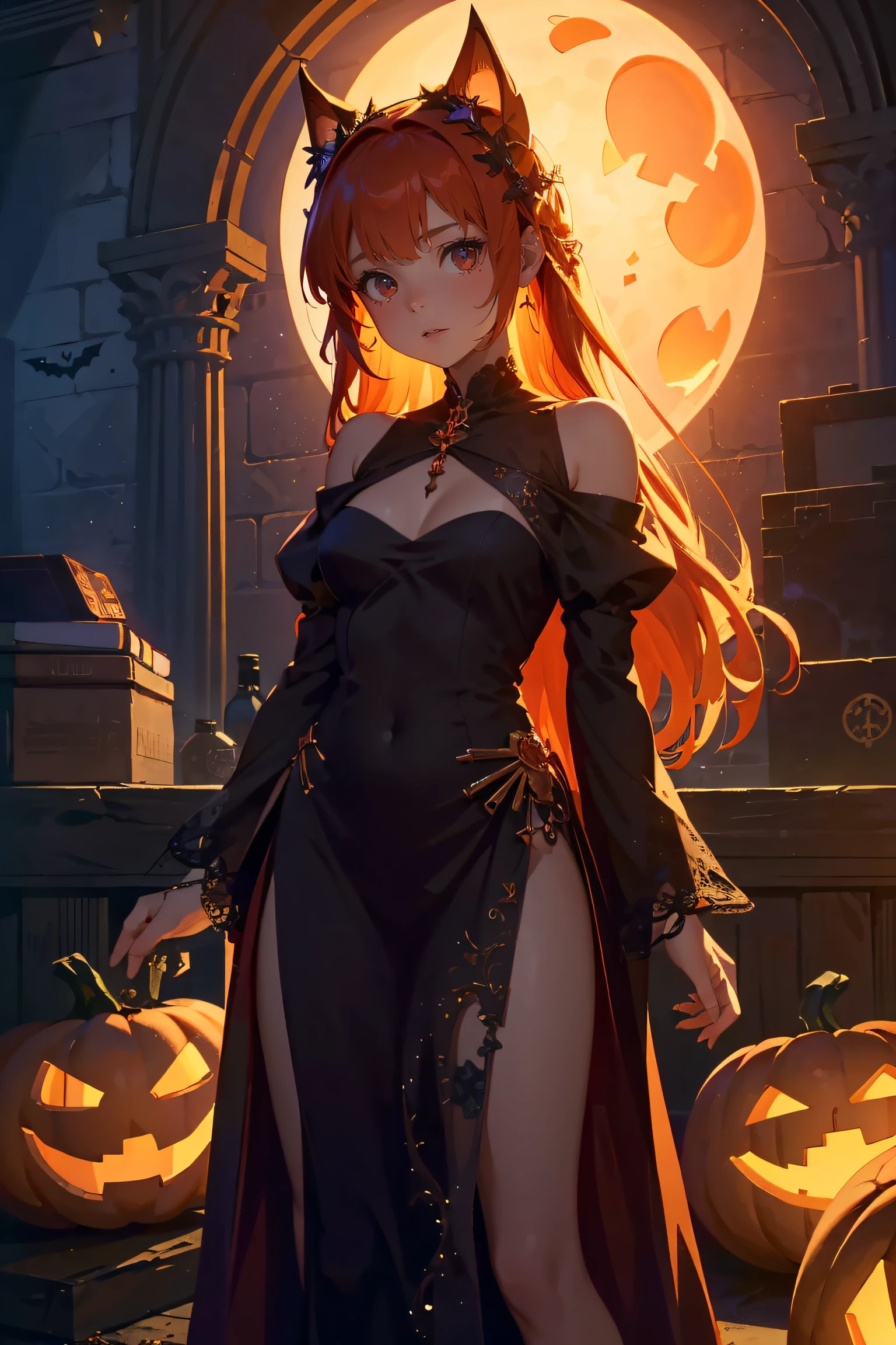 best quality, masterpiece, extremely detailed CG unity 8k wallpaper,(Beautiful and delicate: 1.2),offical art,1 girl, mysterious, gorgeous, Halloween costume, standing, straight-on, ancient castle, dark red, pumpkin lantern, terrifying patterns, symbols,Halloween theme