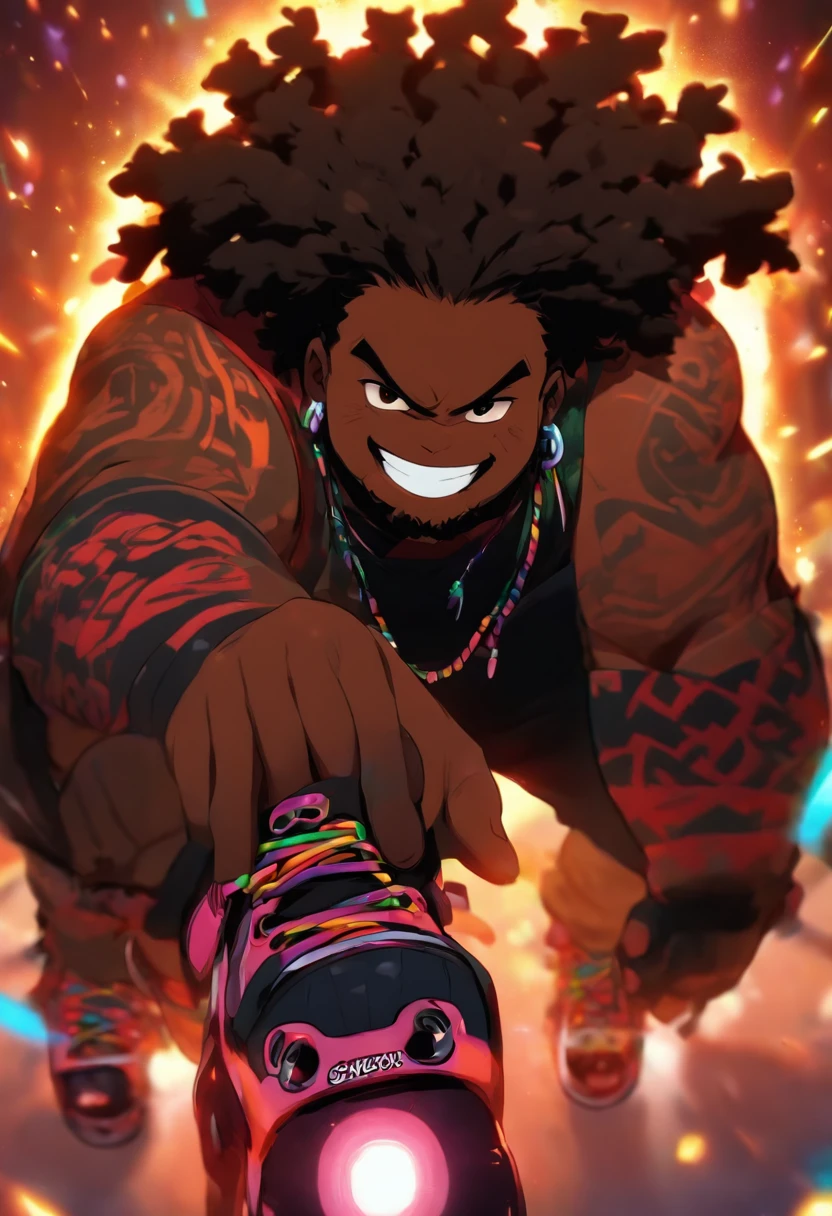 chubby black man, black man, wearing roller skates on feet, dark black Rasta hair, medium length dread locs, brown eyes, evil grin, wearing black, fluffy beard, brown shining eyes, very dark black skin, fat man, black tattoos on arms, hi resolution