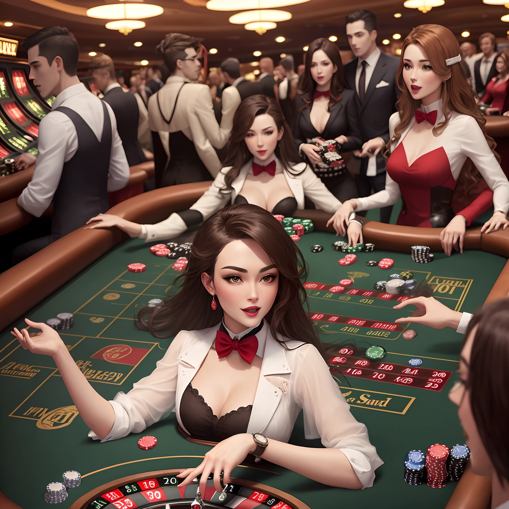 a beautiful elegant two indonesia woman wearing high school uniform holding up a sign "COBLOS4D SLOT QRIS NO1", close up teasing smile, happy, photorealistic, casino background, , RealCartoon face, big breast cleavage, Standing behind poker table between slot machines, Colourfull, Neon Light,