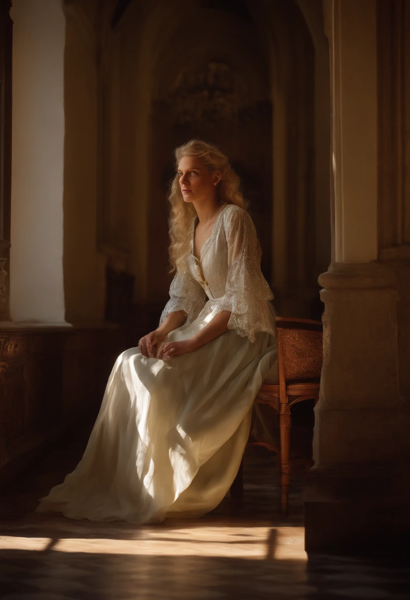 Hyperrealist portrait of female by david hockney and alphonse mucha,fantasy art, photo realistic, dynamic lighting, artstation, poster, volumetric lighting, very detailed faces, 4 k, award winning,, 1girl, in the dark, deep shadow, low key,cowboy shot,(official clothing:1.4) ,long hair,white hair,