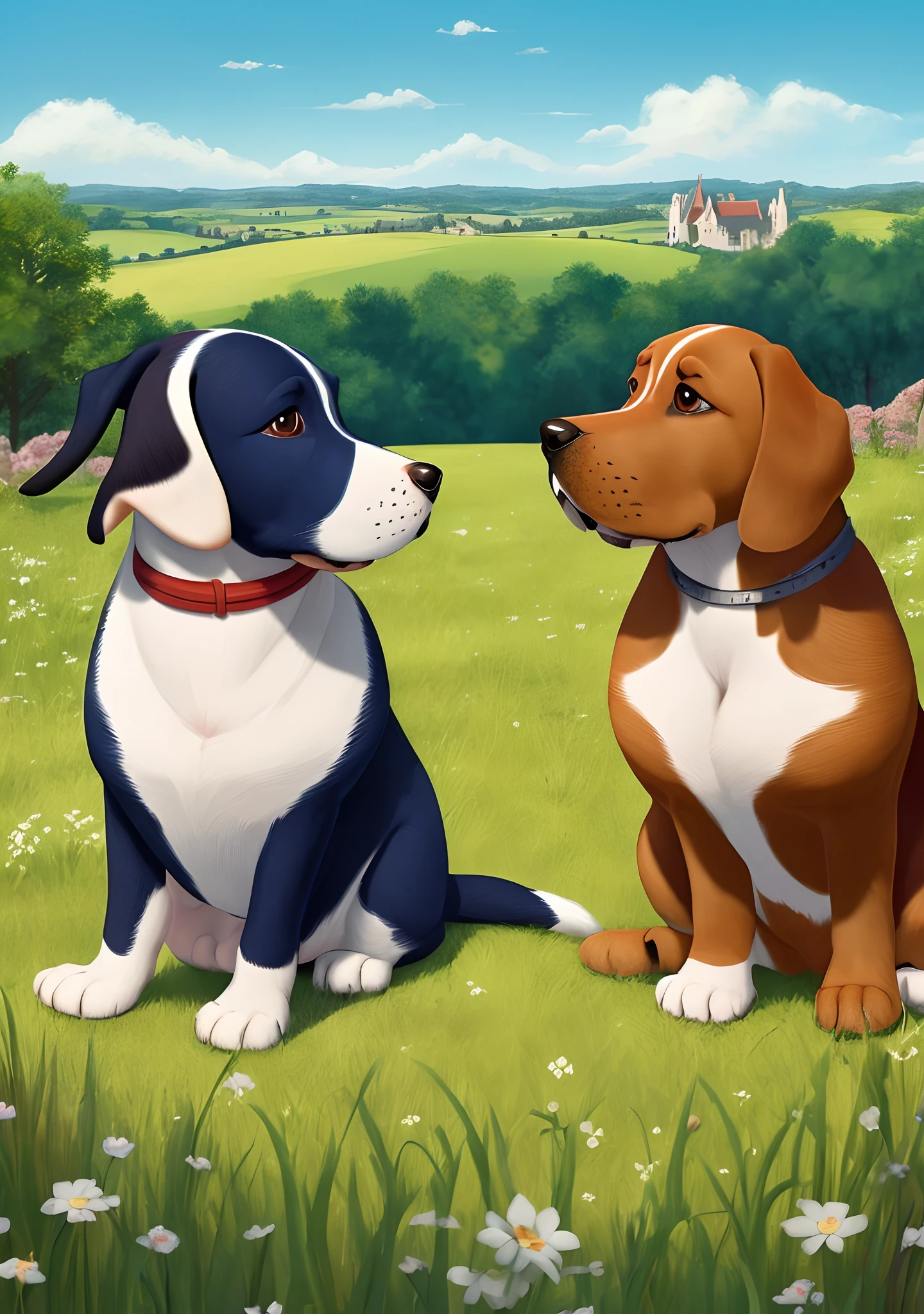 I would like a poster in the Disney Pixar style showing two dogs of the breed "basset bleu de Gascogne". The background would be the French countryside and the title would be "The Adventures of Henry and Boo"