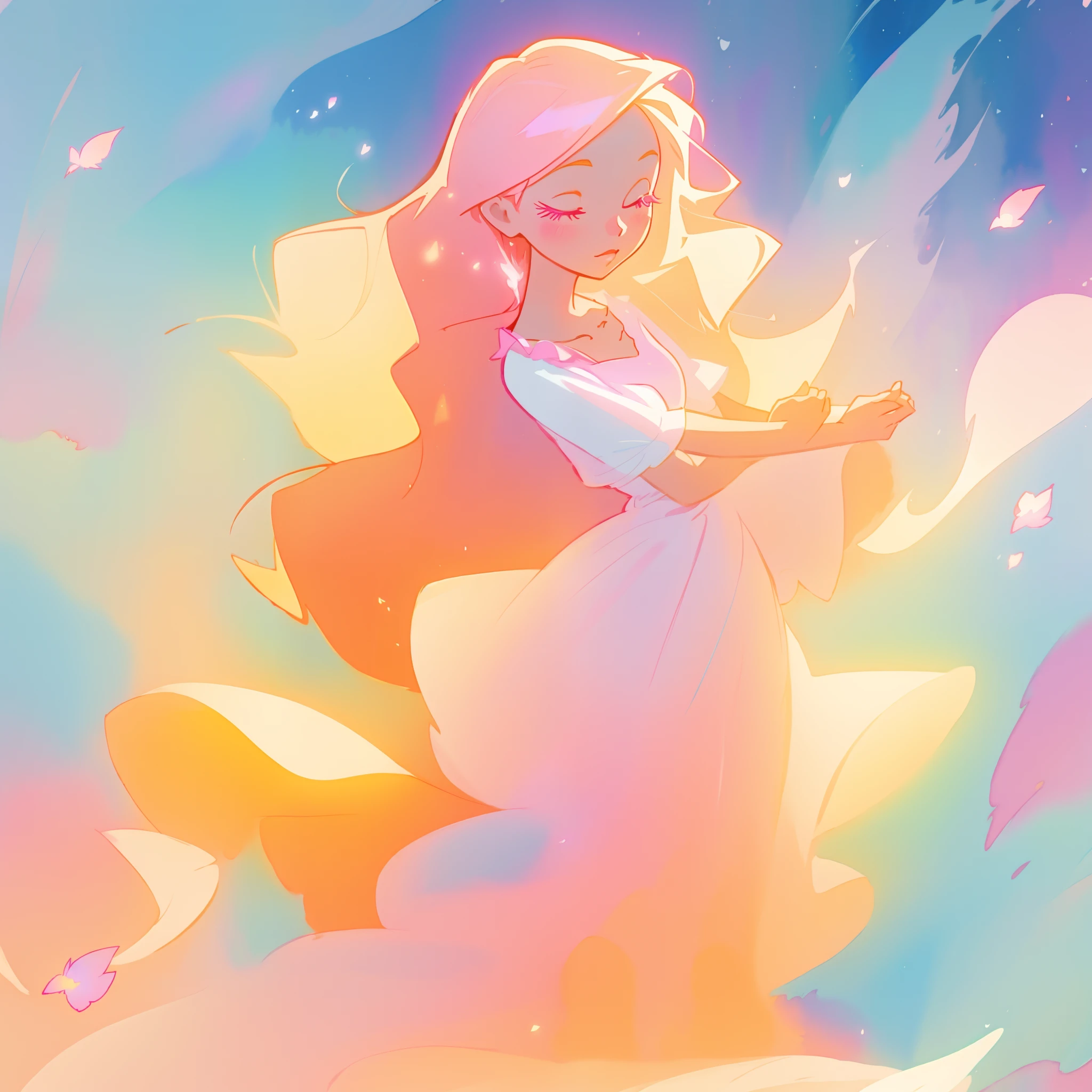 beautiful girl in pink and white puffy layered ballgown, fairy dress, long golden hair, watercolor illustration, inspired by Glen Keane, inspired by Lois van Baarle, disney art style, by Lois van Baarle, glowing aura around her, by Glen Keane, jen bartel, glowing lights! digital painting, flowing glowing hair, glowing flowing hair, beautiful digital illustration, fantasia otherworldly landscape plants flowers, beautiful, masterpiece, best quality, anime disney style