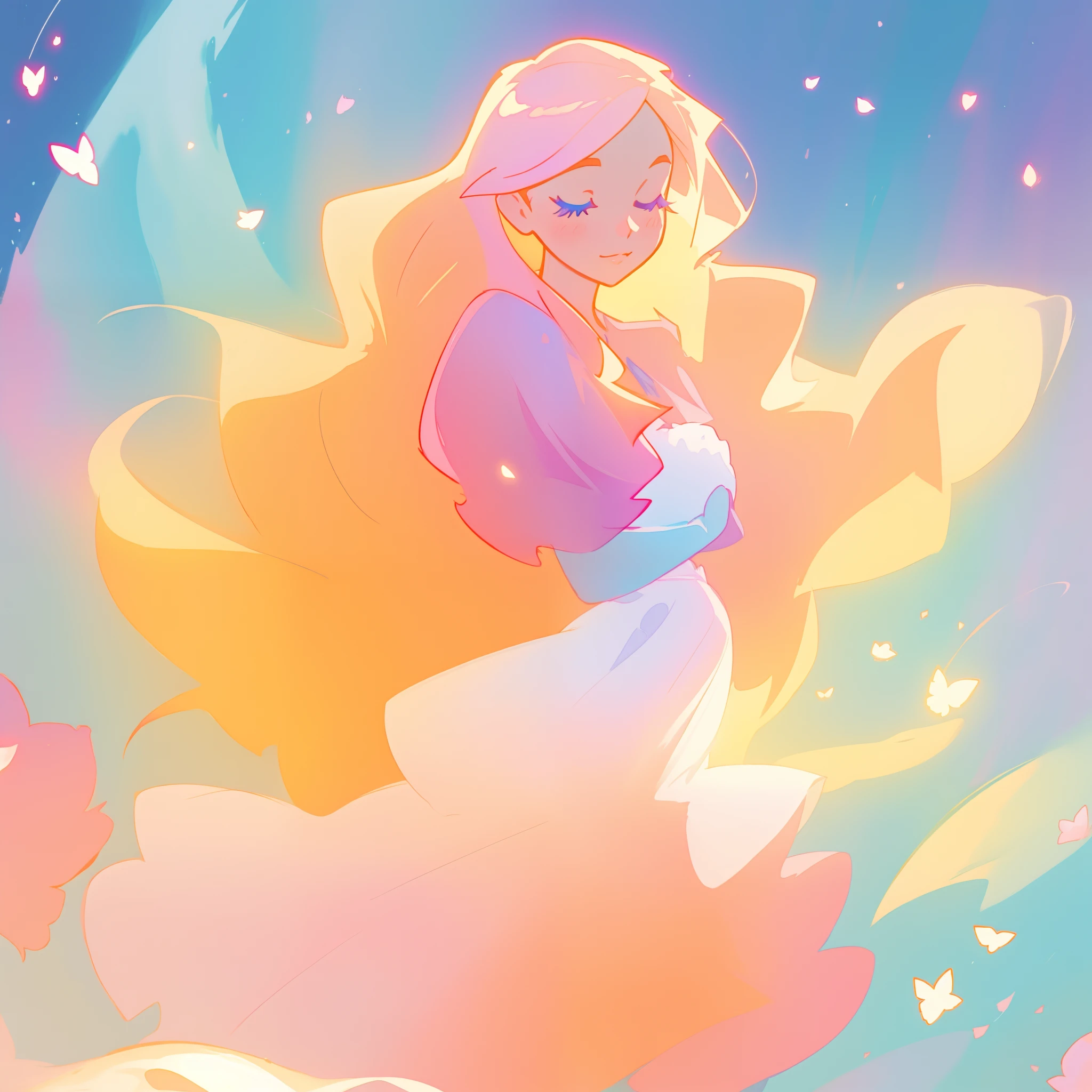 beautiful girl in pink and white puffy layered ballgown, fairy dress, long golden hair, watercolor illustration, inspired by Glen Keane, inspired by Lois van Baarle, disney art style, by Lois van Baarle, glowing aura around her, by Glen Keane, jen bartel, glowing lights! digital painting, flowing glowing hair, glowing flowing hair, beautiful digital illustration, fantasia otherworldly landscape plants flowers, beautiful, masterpiece, best quality, anime disney style