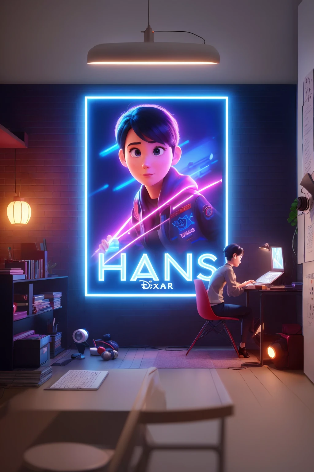 a woman sitting at a desk in front of a poster of a character, hans, pixar 3 d animation style, inspired by Han Gan, pixar 3d render, pixar octane render, in style of atey ghailan, movie promotional art, animated film, pixar. octane render, render in pixar, animation pixar style, pixar render, 3 d animated movie, animated movie