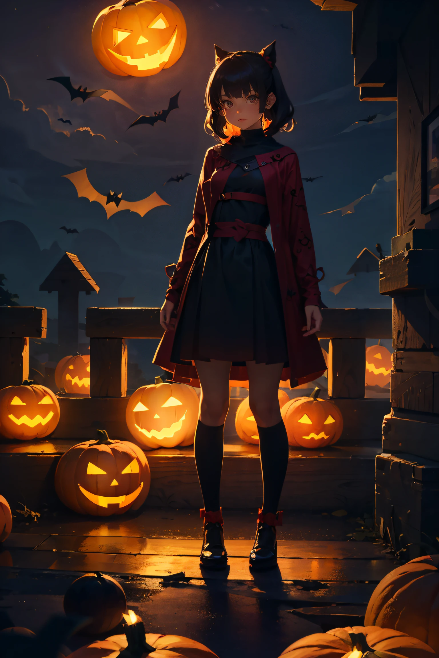 1 girl, mysterious, gorgeous, Halloween costume, standing, straight-on, ancient castle, dark red, pumpkin lantern, terrifying patterns, symbols