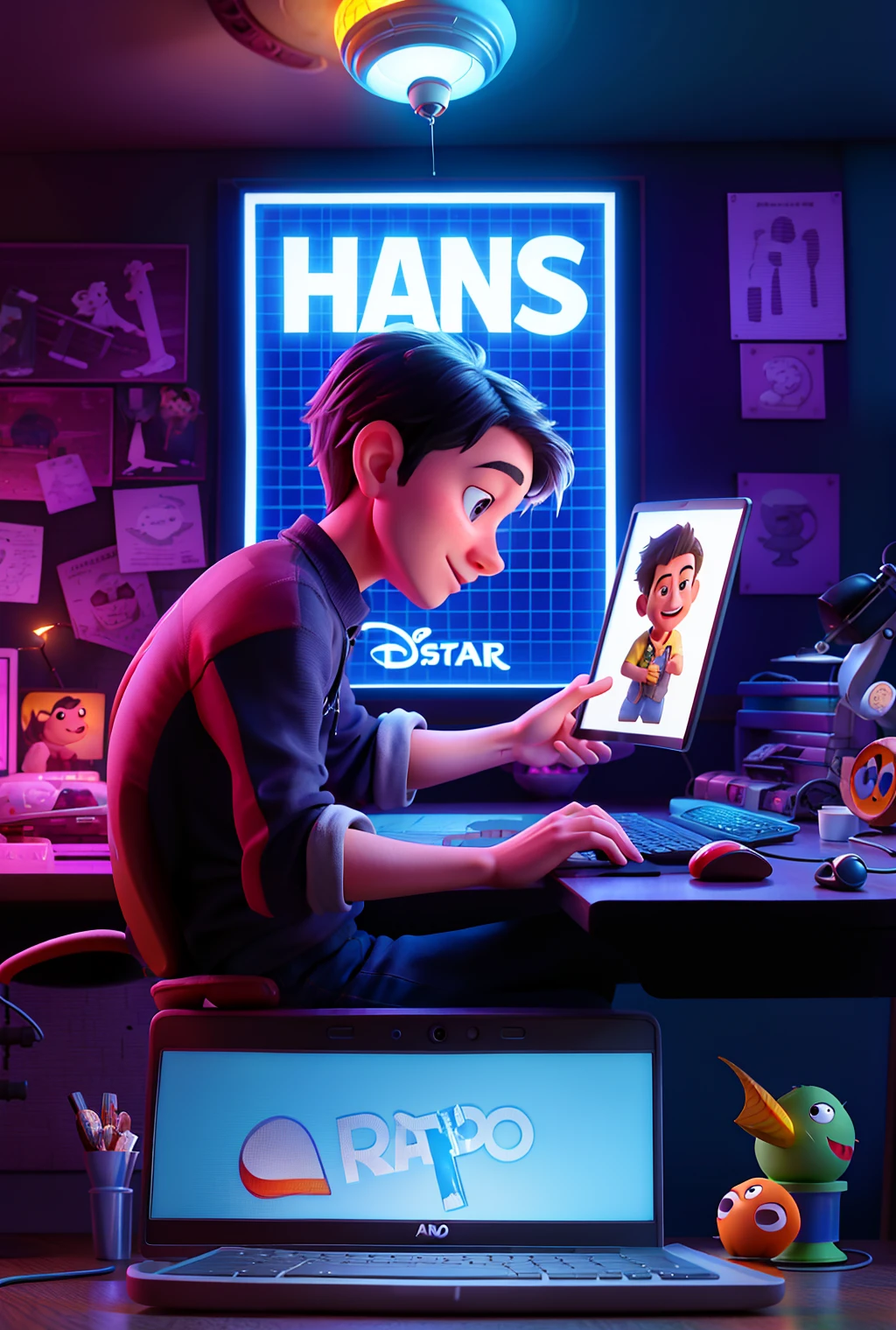 arafed image of a boy sitting at a desk with a computer, pixar 3 d animation style, pixar 3d render, pixar art style, pixar and disney 3d style, anato finnstark. pixar, pixar art 3d, disney pixar 3d style, pixar portrait, pixar cartoon style, pixar animation，hyper detailed, render in pixar, hans