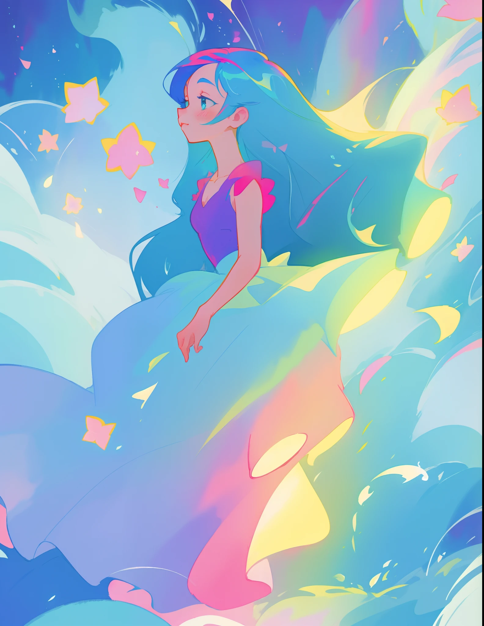 beautiful girl in colorful puffy multi-layered ballgown, long flowing blue hair, blue aqua mint and pink colors, bubbles, watercolor illustration, inspired by Glen Keane, inspired by Lois van Baarle, disney art style, by Lois van Baarle, glowing aura around her, by Glen Keane, jen bartel, glowing lights! digital painting, flowing glowing hair, glowing flowing hair, beautiful digital illustration, fantasia otherworldly landscape plants flowers, beautiful, masterpiece, best quality, anime disney style