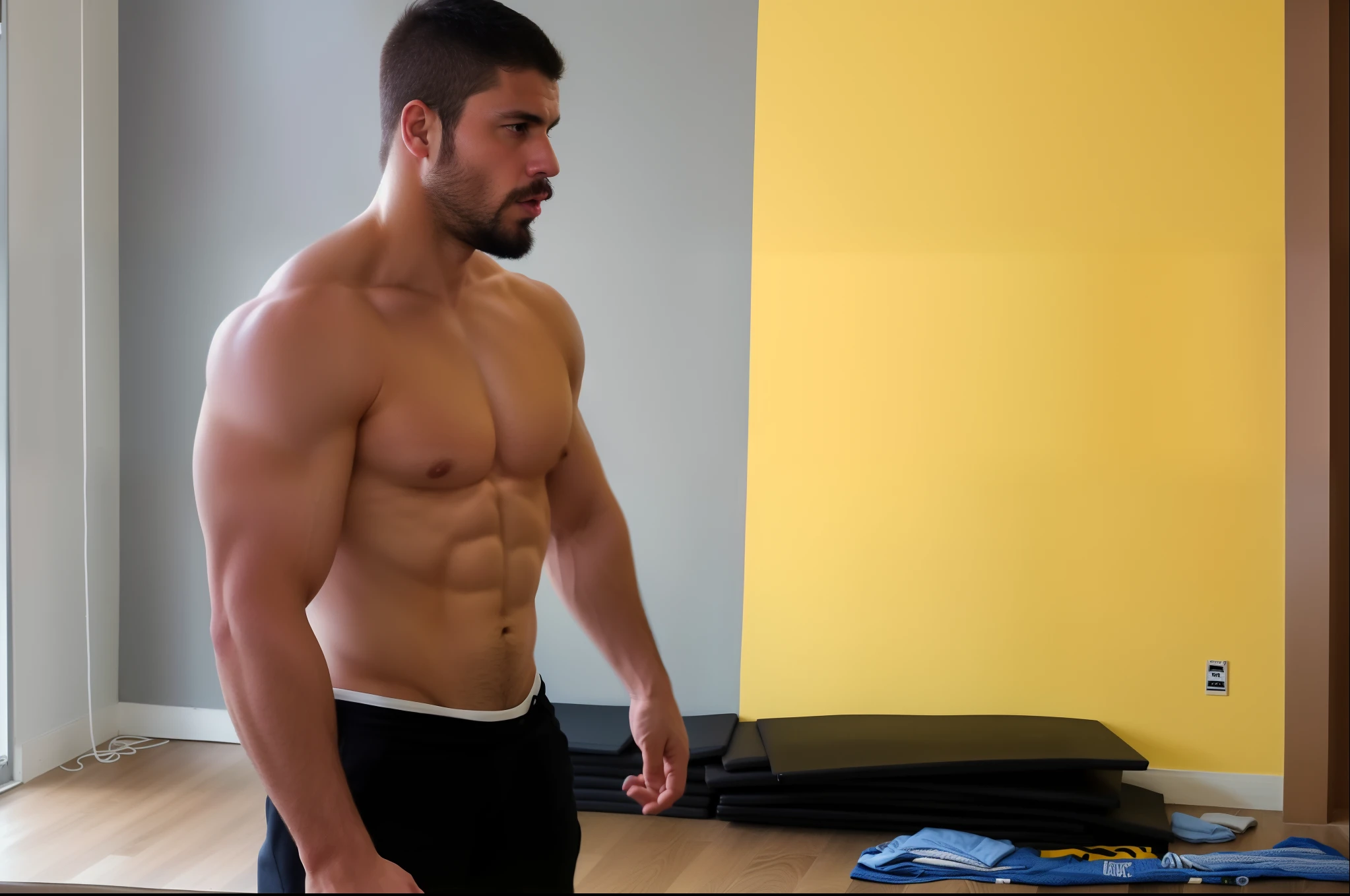 There is a man standing in a room with a yellow wall, Corpo de Ernest Khalimov, meio tiro de um hunky, Fisiculturista Ernest Khalimov, Bowed muscles;, Greg Rutkowski de corpo inteiro, Vitaly Bulgarov, musculoso! CrossFit, Cristi Balanescu, damian kryzwonos, Greg Rutkovski, exaggerated physique