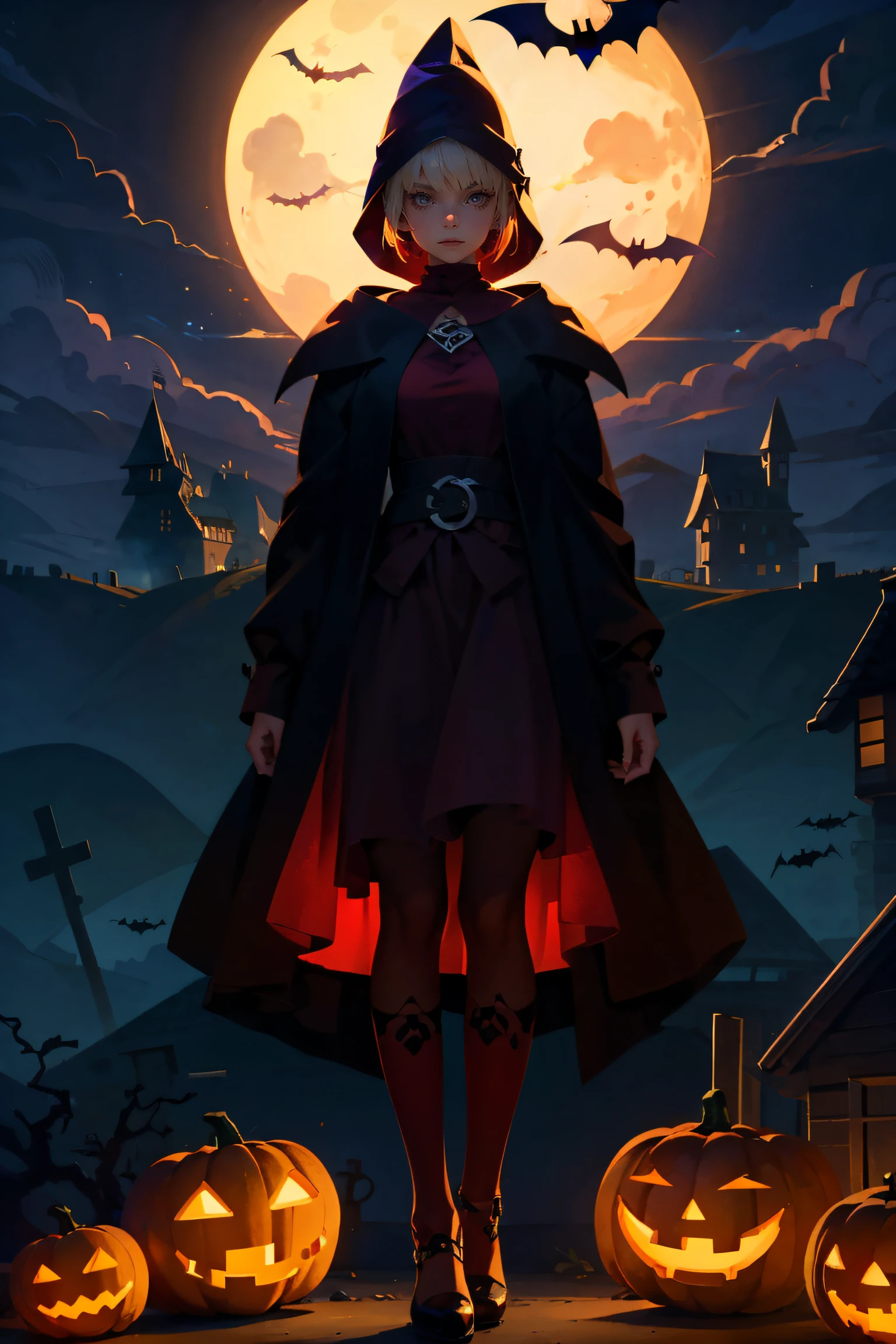 1 girl, mysterious, gorgeous, Halloween costume, standing, straight-on, ancient castle, dark red, pumpkin lantern, terrifying patterns, symbols