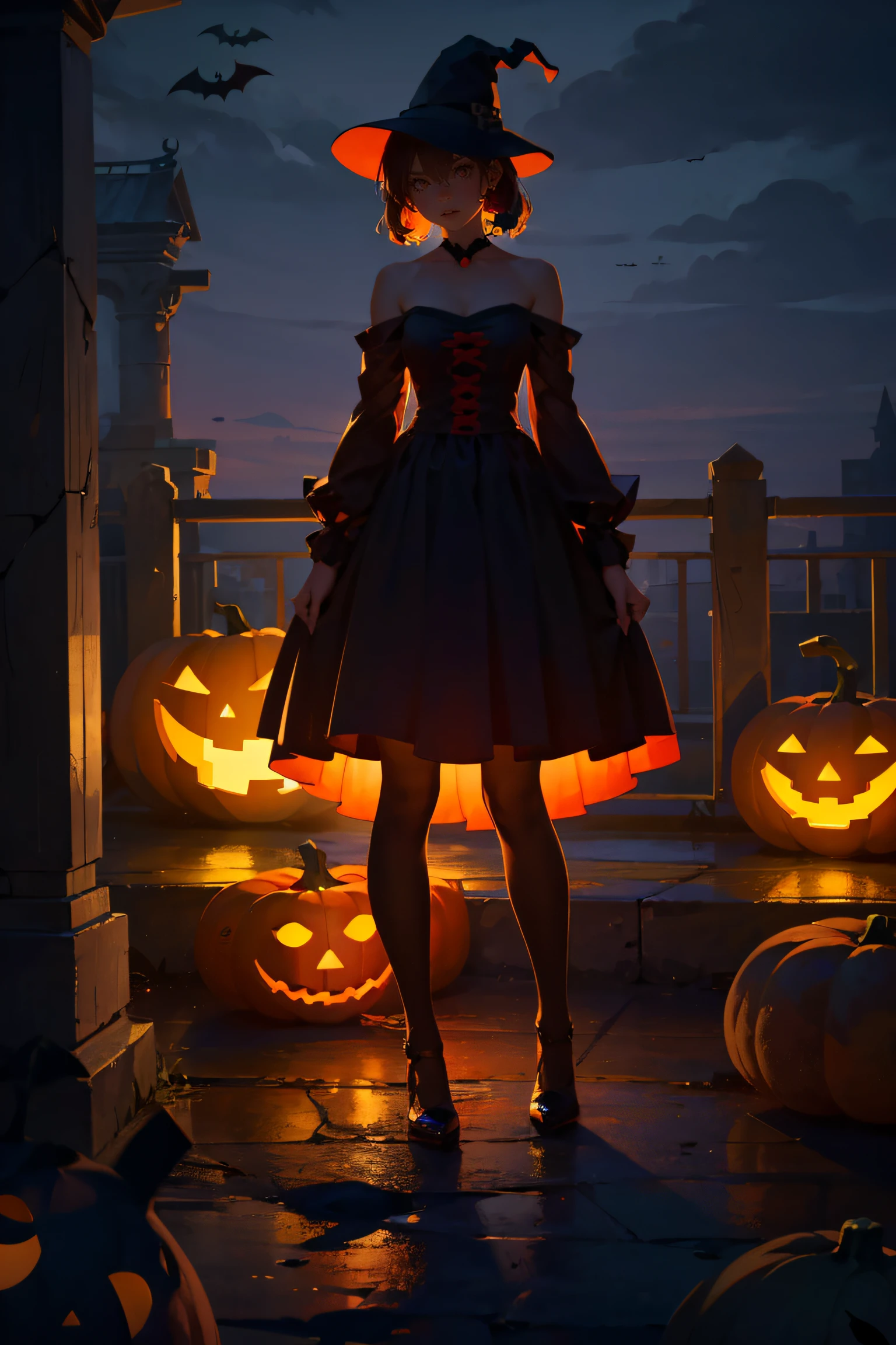 1 girl, mysterious, gorgeous, Halloween costume, standing, straight-on, ancient castle, dark red, pumpkin lantern, terrifying patterns, symbols