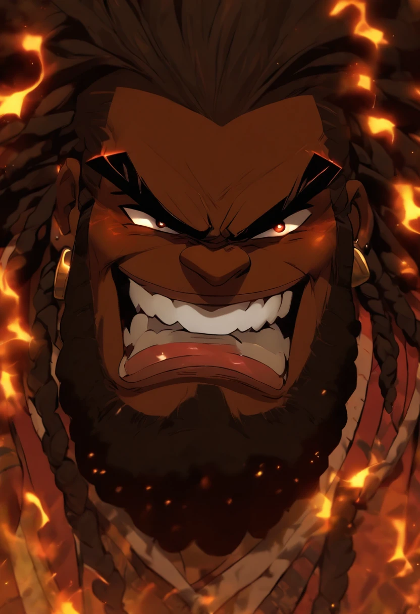 chubby black man, black man, wearing black boots, dark black Rasta hair, medium length dread locs, glowing brown eyes, evil grin, wearing black, fluffy beard, brown shining eyes, very dark black skin, fat man, black tattoos on arms, hi resolution