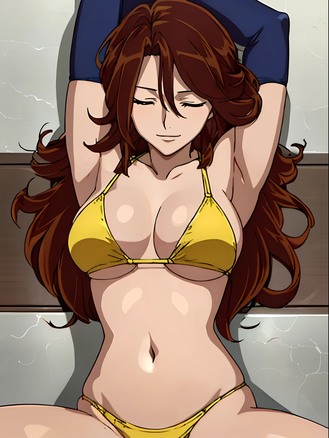 Elegant lady, anime style: 1.8, anime drawing, ultra detailed face, ultra detailed body, 4k, Sumergai Lee Noriega, ((lying down on her back in wrestling stage, lying on her back, lying ), closed eyes), best quality, anime style, hires, highest definition, digital blending, bold drawing lines, (background: wrestling ring floor), ( slim body, (little biceps), , off-shoulders, closed fists, (curvy: 2.8)), ((broken bikini, (chaps))), victorious, winner, gentle, (pale skin, shiny skin, very big breasts, smile), (big eyes, brown eyes), (brown hair, loose hair), 27 years old,