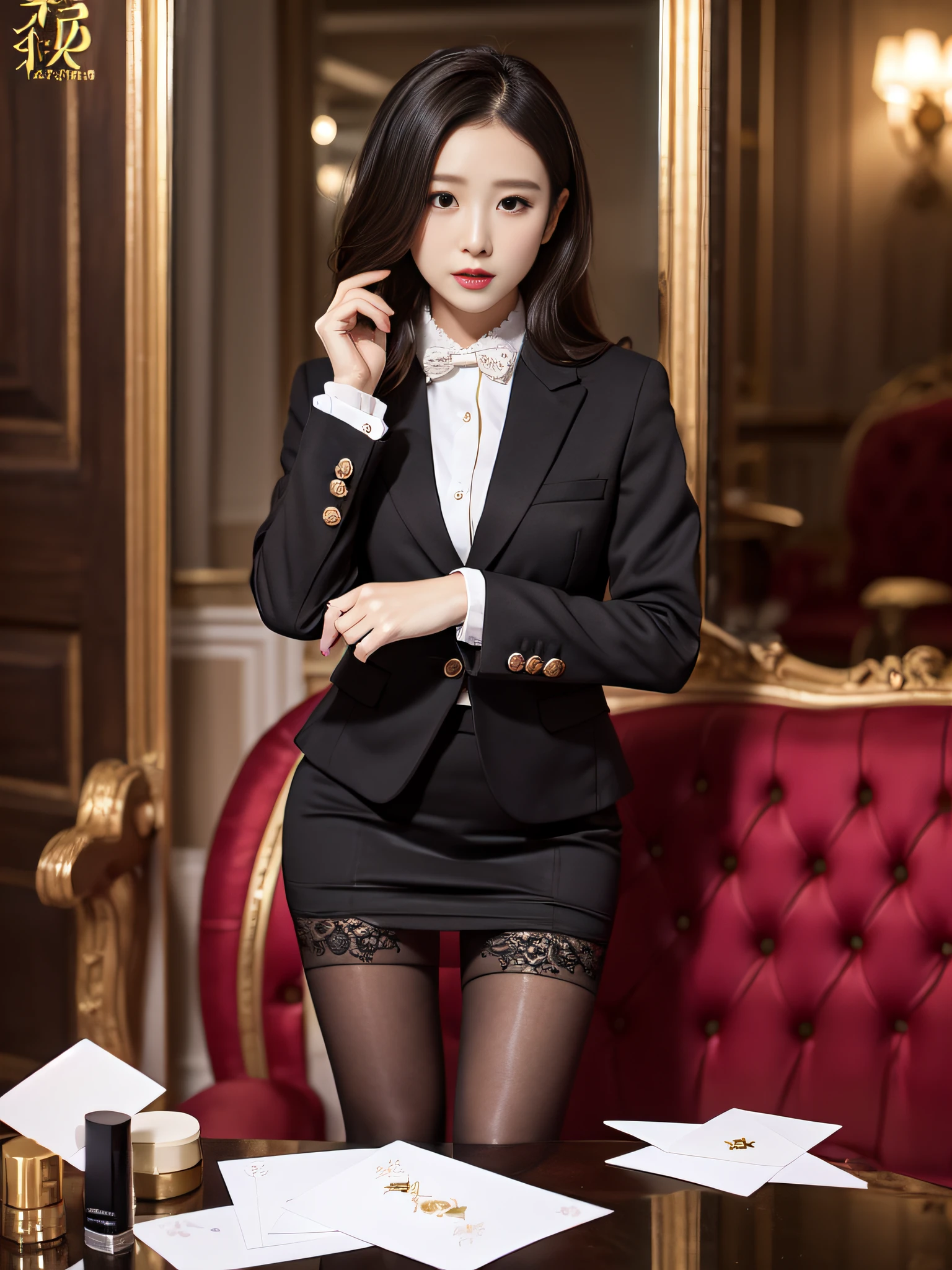 Charming beauties、black pantyhose、Suit jacket、Black tight skirt、beauty legs、Dyed in darkness、lacy fabric、Brainwashing makeup、The card