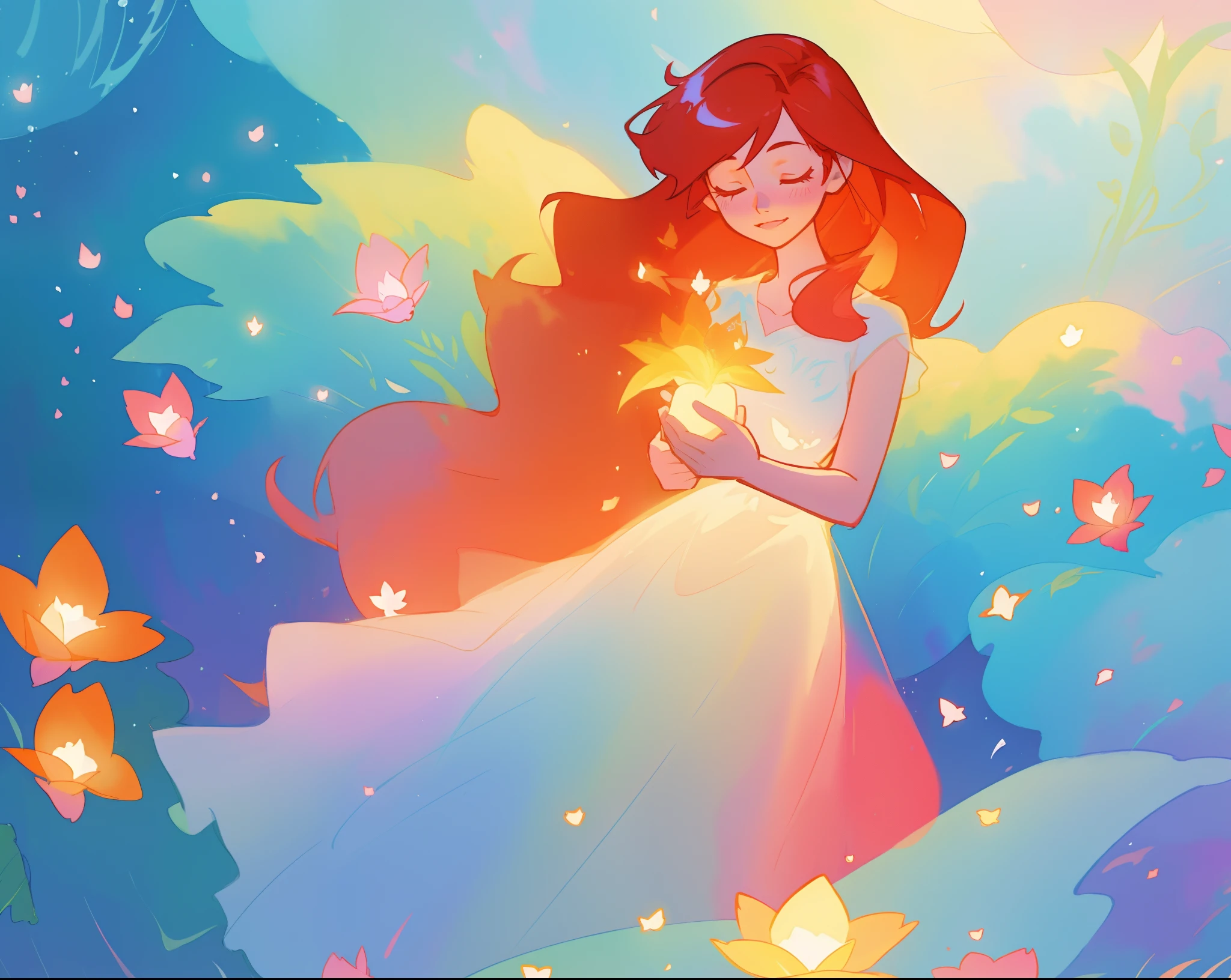 beautiful girl in flowing shimmering dress, fairy dress, long red hair, magical, whimsical, watercolor illustration, flowers and colorful plants, inspired by Glen Keane, inspired by Lois van Baarle, disney art style, by Lois van Baarle, glowing aura around her, by Glen Keane, jen bartel, glowing lights! digital painting, flowing glowing hair, glowing flowing hair, beautiful digital illustration, fantasia otherworldly landscape plants flowers, beautiful, masterpiece, best quality, anime disney style