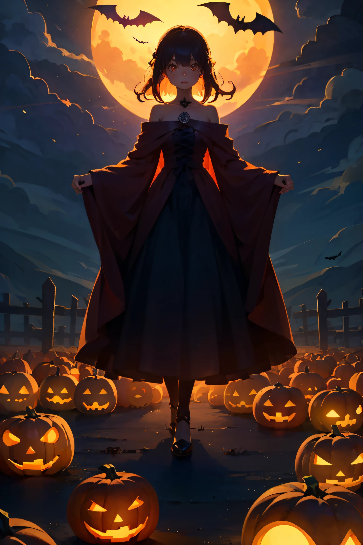 1 girl, mysterious, gorgeous, Halloween costume, standing, straight-on, ancient castle, dark red, pumpkin lantern, terrifying patterns, symbols