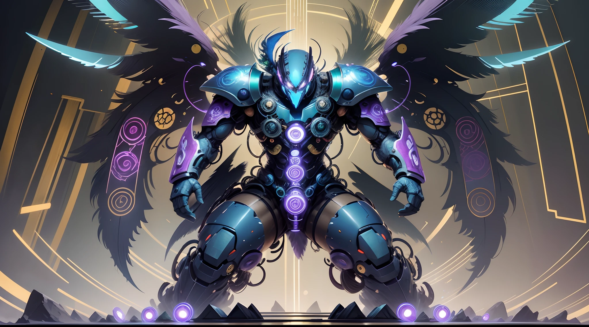 Japanese manga comics artoon style,Mega Man Knowledge Base : "Cyber Peacock" known as Cyber Kujacker (Cyber Jackers) in Japan, is a digitized peacock-based Maverick in Mega Man X4. He is a vicious security Reploid who terrorizes anyone who accesses his network.Cyber Peacock was outfitted with armor primarily blue in color, with purple and yellow highlights. He had round, blue glass pads on his knees, chest, shoulders and both of his wrists. Peacock also had nine green feathers attached to his back, which he put to use in combat as missiles. Cyber Peacock teleports close and summons feather-shaped blades of energy from his tail. --auto --s2