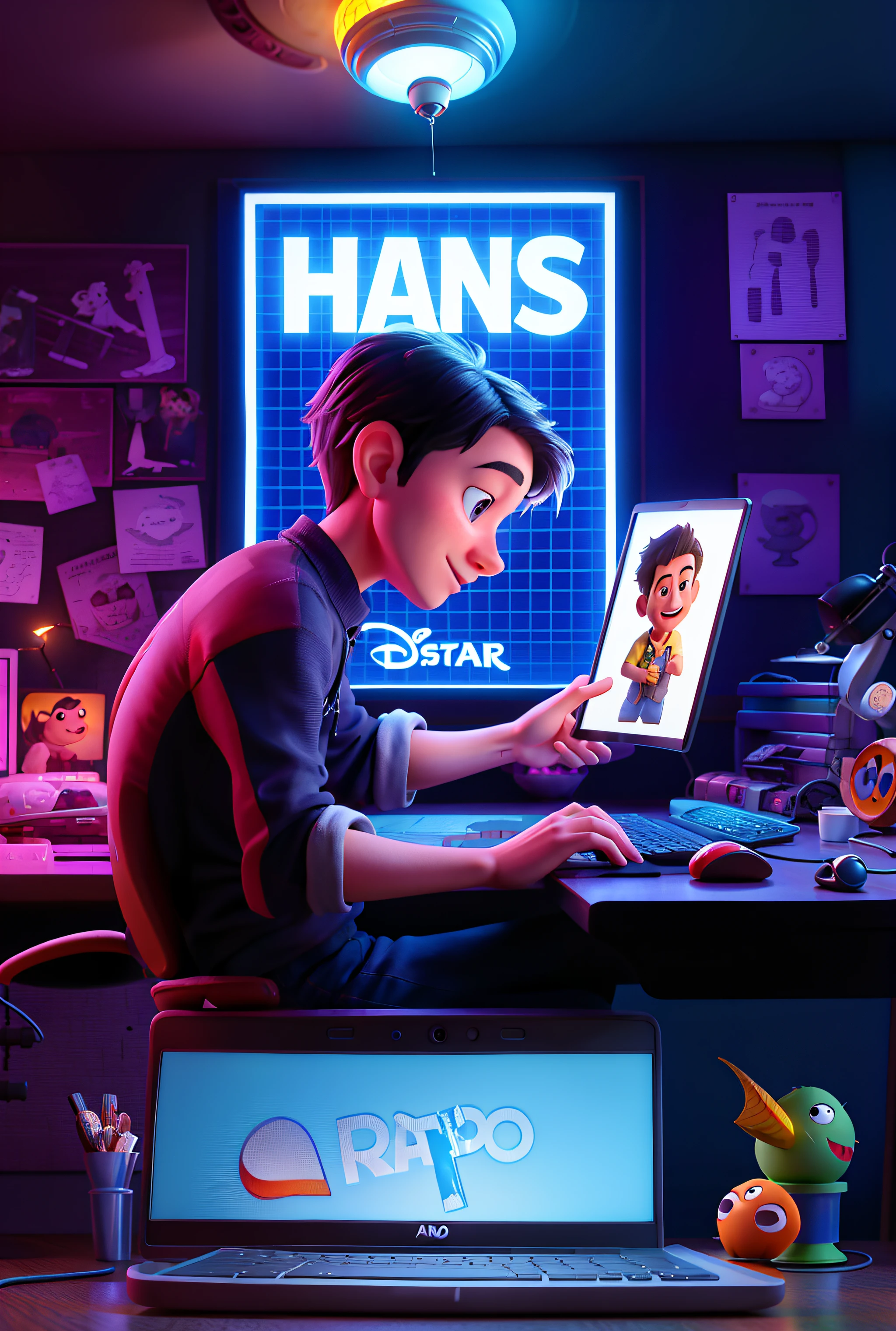 arafed image of a boy sitting at a desk with a computer, pixar 3 d animation style, pixar 3d render, pixar art style, pixar and disney 3d style, anato finnstark. pixar, pixar art 3d, disney pixar 3d style, pixar portrait, pixar cartoon style, pixar animation,hyper detailed, render in pixar, hans