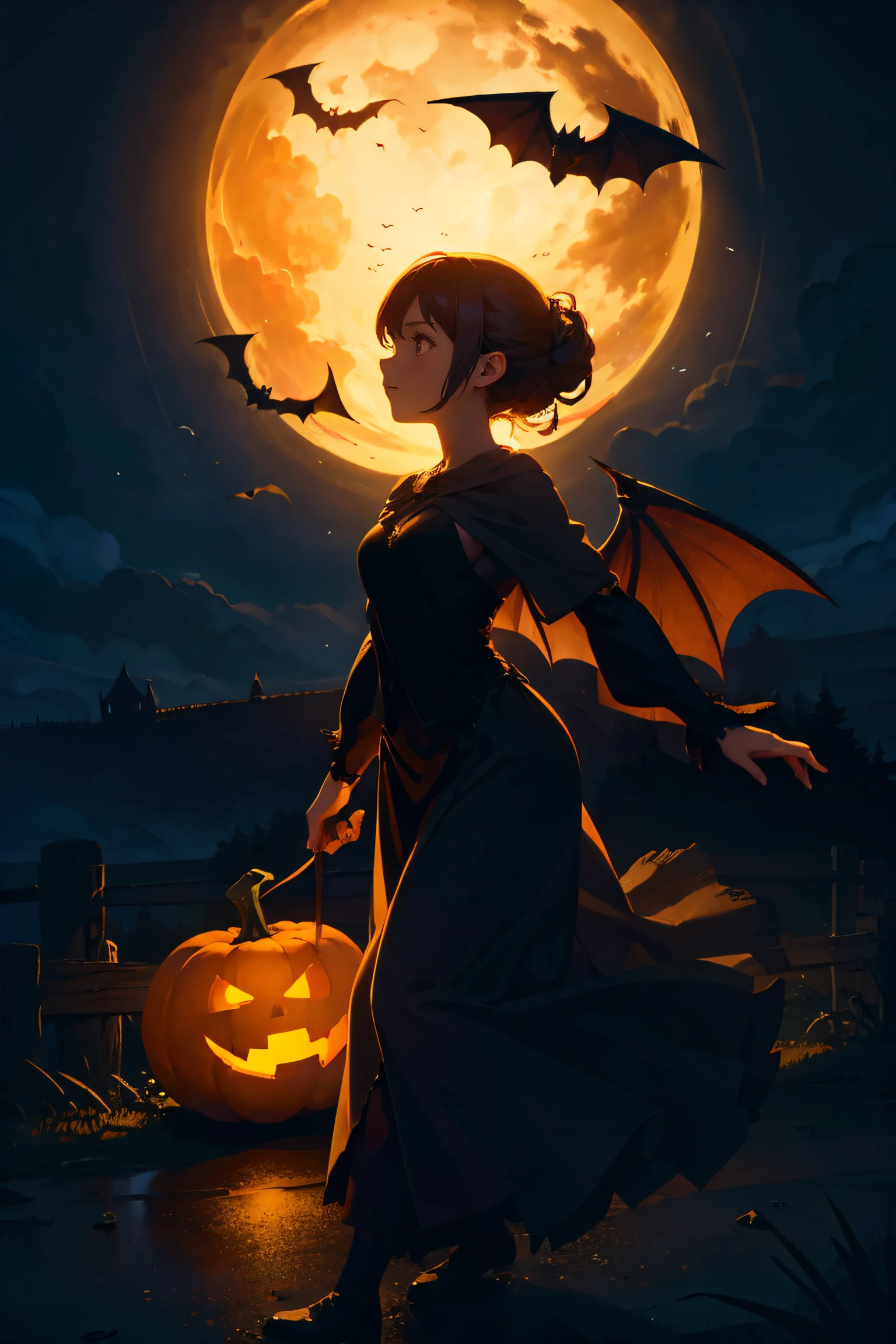 1 girl, brave, dark forest, castle, pumpkin lantern, faint light, shuttle, bat wings, bats, dancing, guiding, mysterious banquet, road.