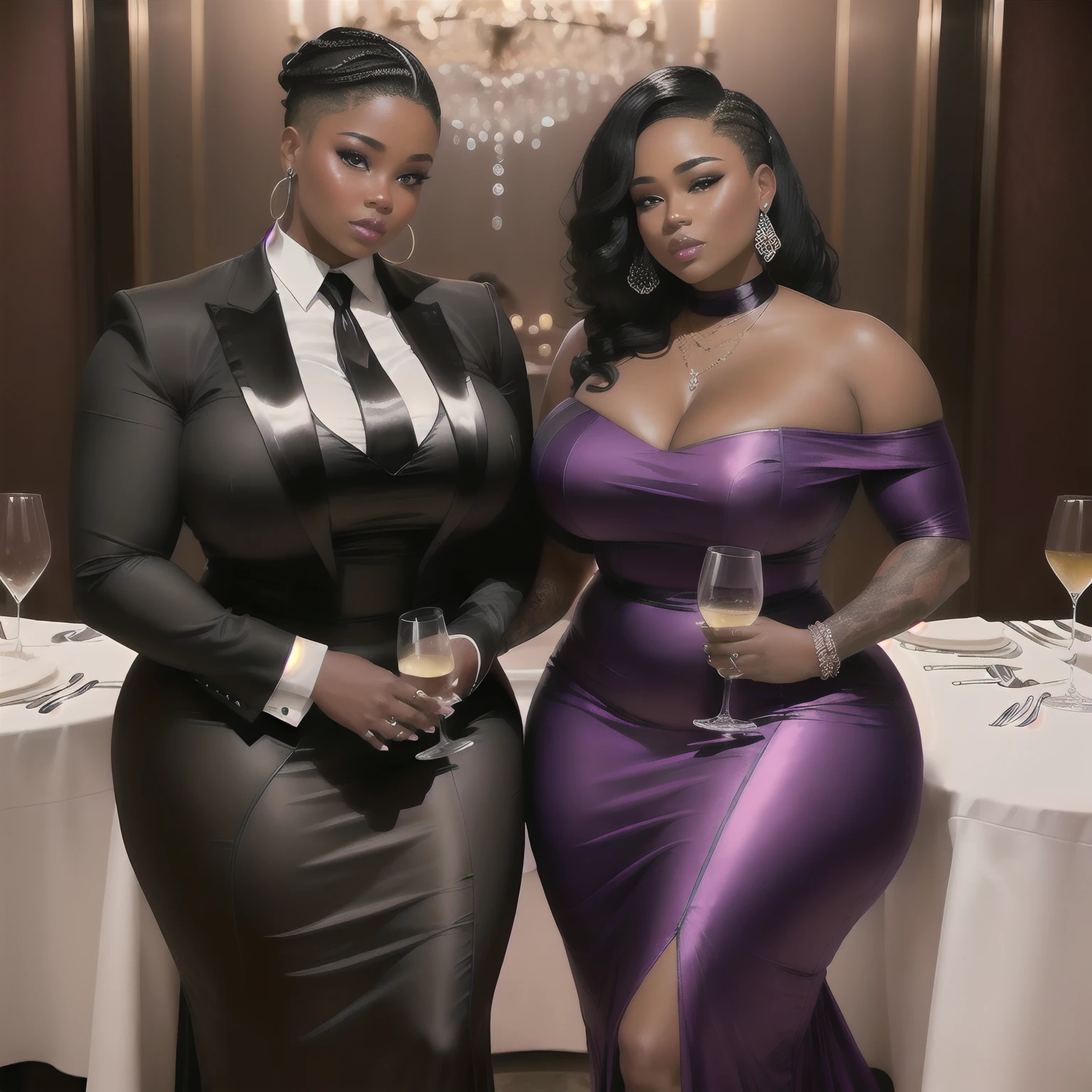 Bbw interracial lesbian couple in love, butch and femme at a wealthy restaurant dressed in luxury attire