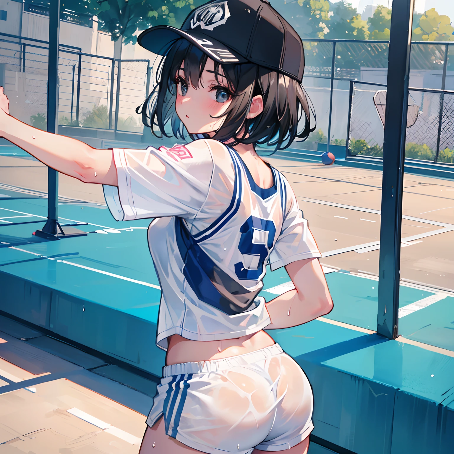 {{Best quality}, {tmasterpiece}, {{ultra - detailed}, illustration), {Detailed light}, {Extremely Delicately Beautiful)，1girll，cool girl，Back shadow，Basketball shirt，baseball cap，Hot Pants，soggy clothes，excited，strong sunlight，basketball court，Black hair，short hair，Black eyes，Game scene graph