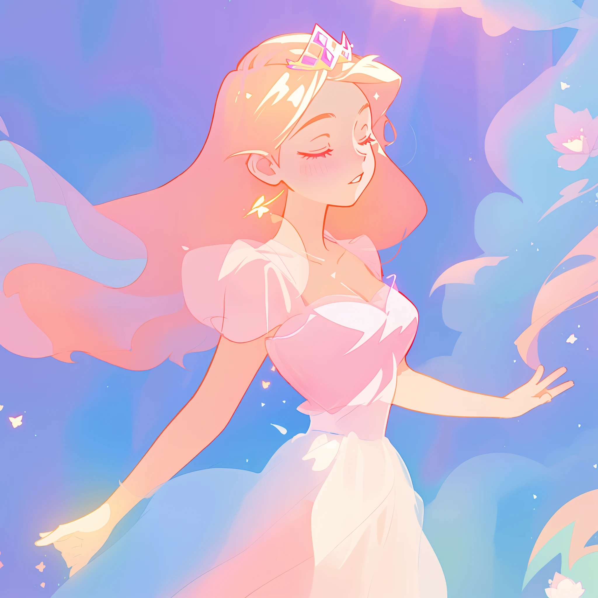 beautiful girl in pale pink puffy layered ballgown, princess, sparkling white tiara, long peach and golden hair, watercolor illustration, inspired by Glen Keane, inspired by Lois van Baarle, disney art style, by Lois van Baarle, glowing aura around her, by Glen Keane, jen bartel, glowing lights! digital painting, flowing glowing hair, glowing flowing hair, beautiful digital illustration, fantasia otherworldly landscape plants flowers, beautiful, masterpiece, best quality, anime disney style