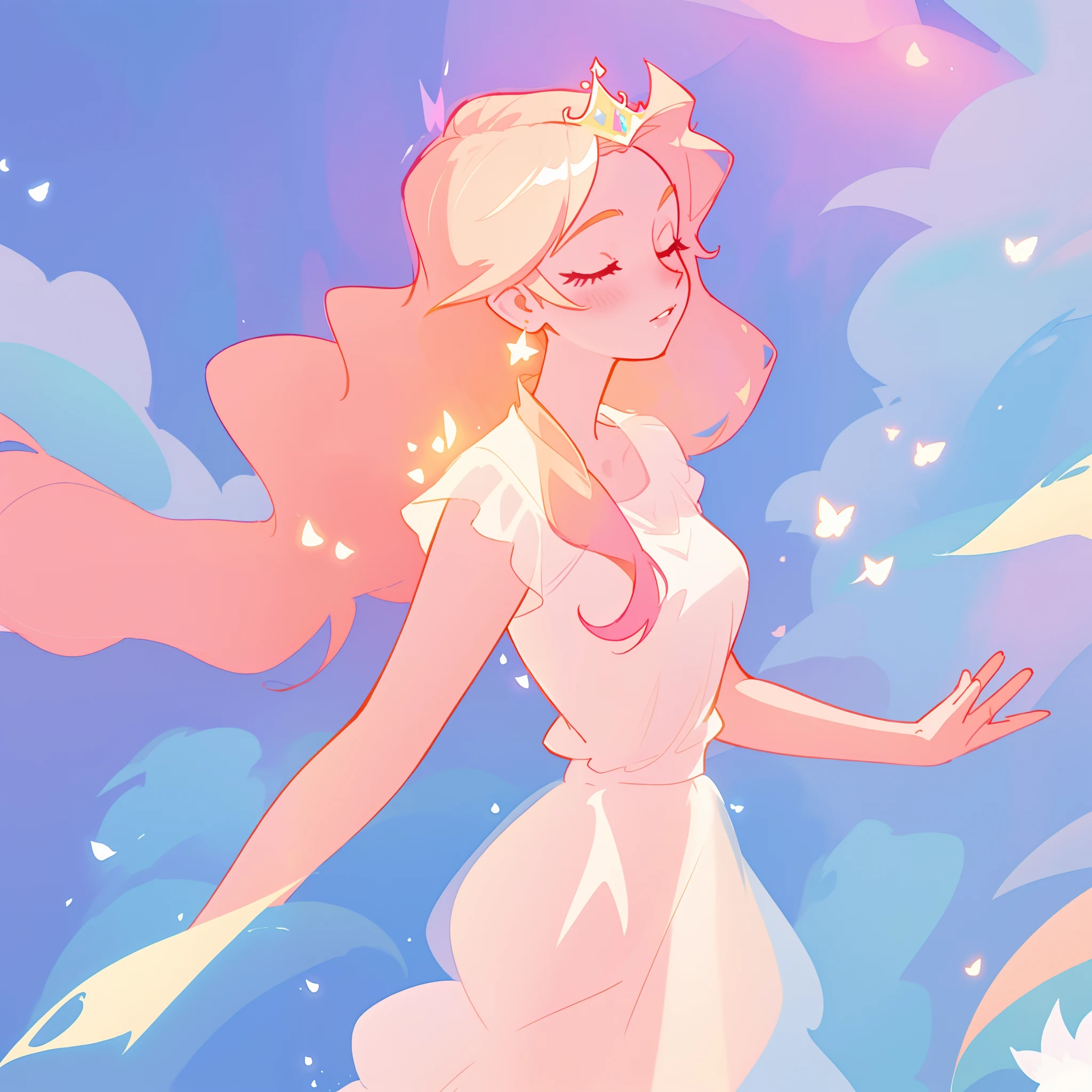beautiful girl in pale pink puffy layered ballgown, princess, sparkling white tiara, long peach and golden hair, watercolor illustration, inspired by Glen Keane, inspired by Lois van Baarle, disney art style, by Lois van Baarle, glowing aura around her, by Glen Keane, jen bartel, glowing lights! digital painting, flowing glowing hair, glowing flowing hair, beautiful digital illustration, fantasia otherworldly landscape plants flowers, beautiful, masterpiece, best quality, anime disney style
