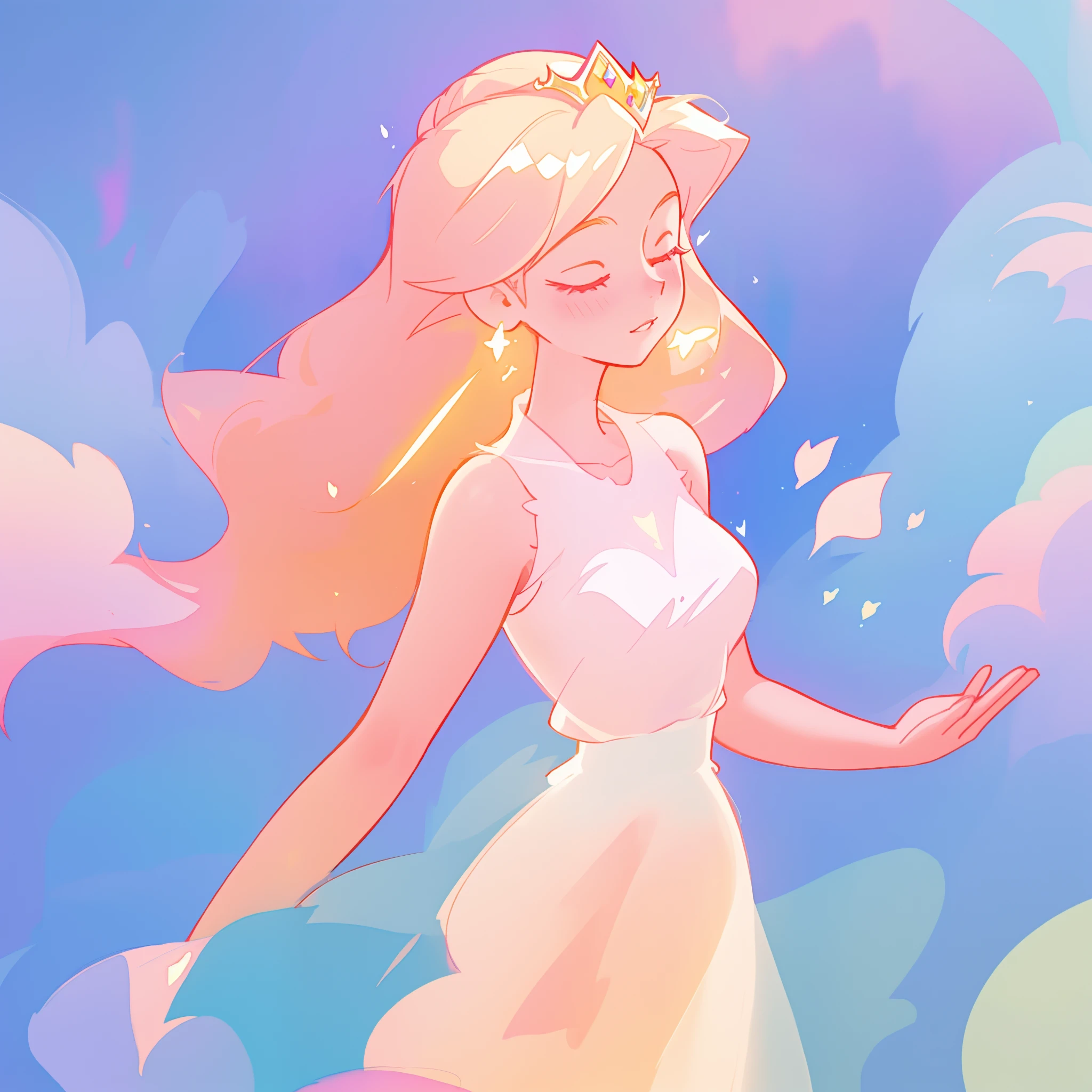 beautiful girl in pale pink puffy layered ballgown, princess, sparkling white tiara, long peach and golden hair, watercolor illustration, inspired by Glen Keane, inspired by Lois van Baarle, disney art style, by Lois van Baarle, glowing aura around her, by Glen Keane, jen bartel, glowing lights! digital painting, flowing glowing hair, glowing flowing hair, beautiful digital illustration, fantasia otherworldly landscape plants flowers, beautiful, masterpiece, best quality, anime disney style
