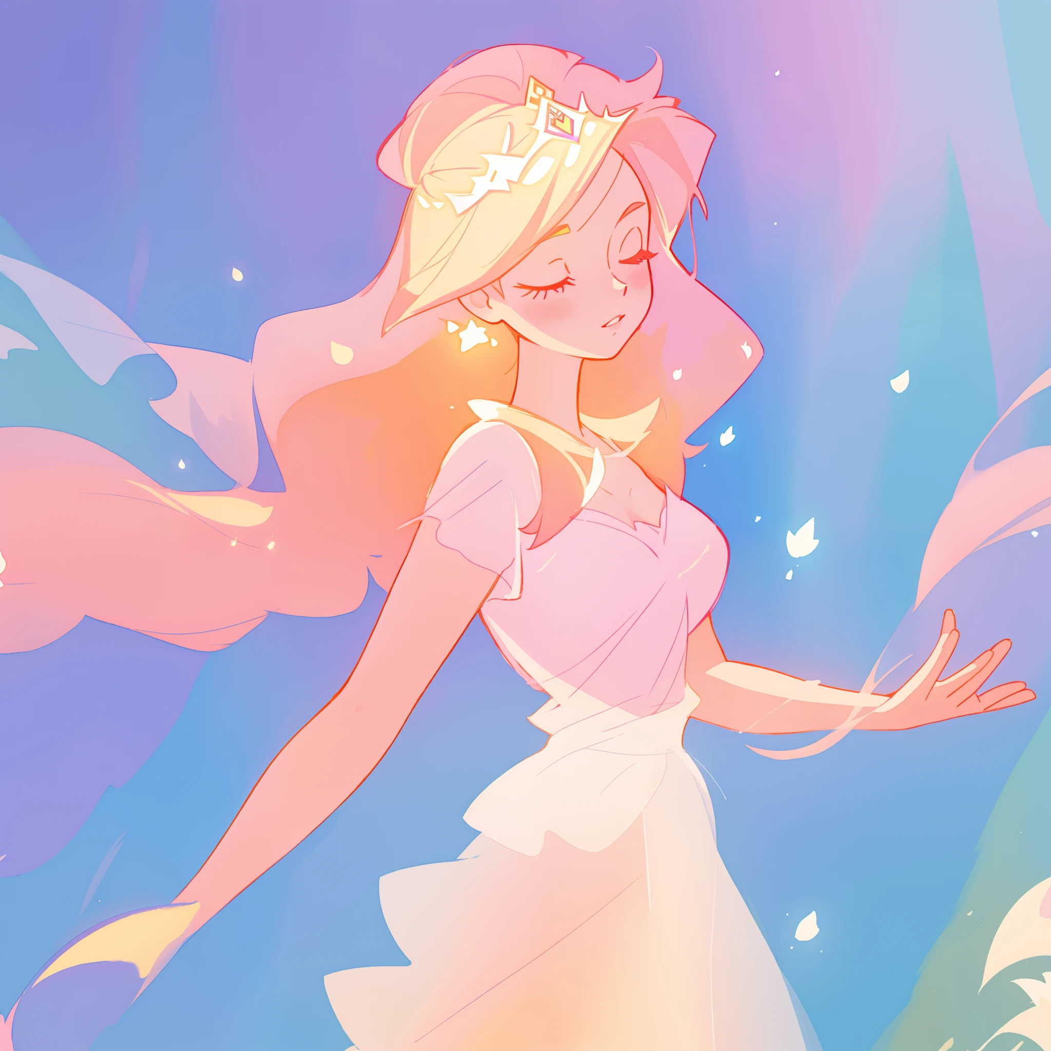 beautiful girl in pale pink puffy layered ballgown, princess, sparkling white tiara, long peach and golden hair, watercolor illustration, inspired by Glen Keane, inspired by Lois van Baarle, disney art style, by Lois van Baarle, glowing aura around her, by Glen Keane, jen bartel, glowing lights! digital painting, flowing glowing hair, glowing flowing hair, beautiful digital illustration, fantasia otherworldly landscape plants flowers, beautiful, masterpiece, best quality, anime disney style