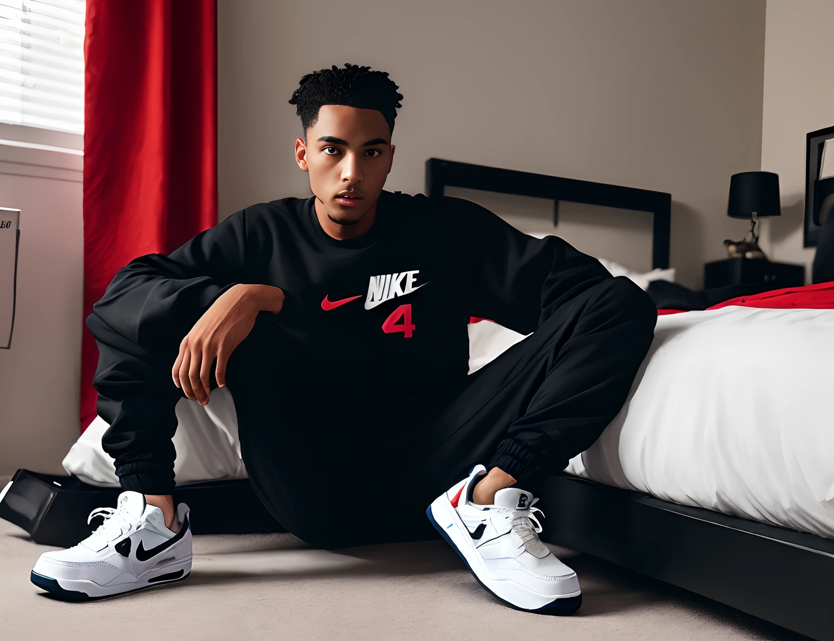 Mario sitting on his bed when his room on fire and has on a black Nike tech with black Nike tech joggers with black cats Jordan 4s on and he smoking a cigarette