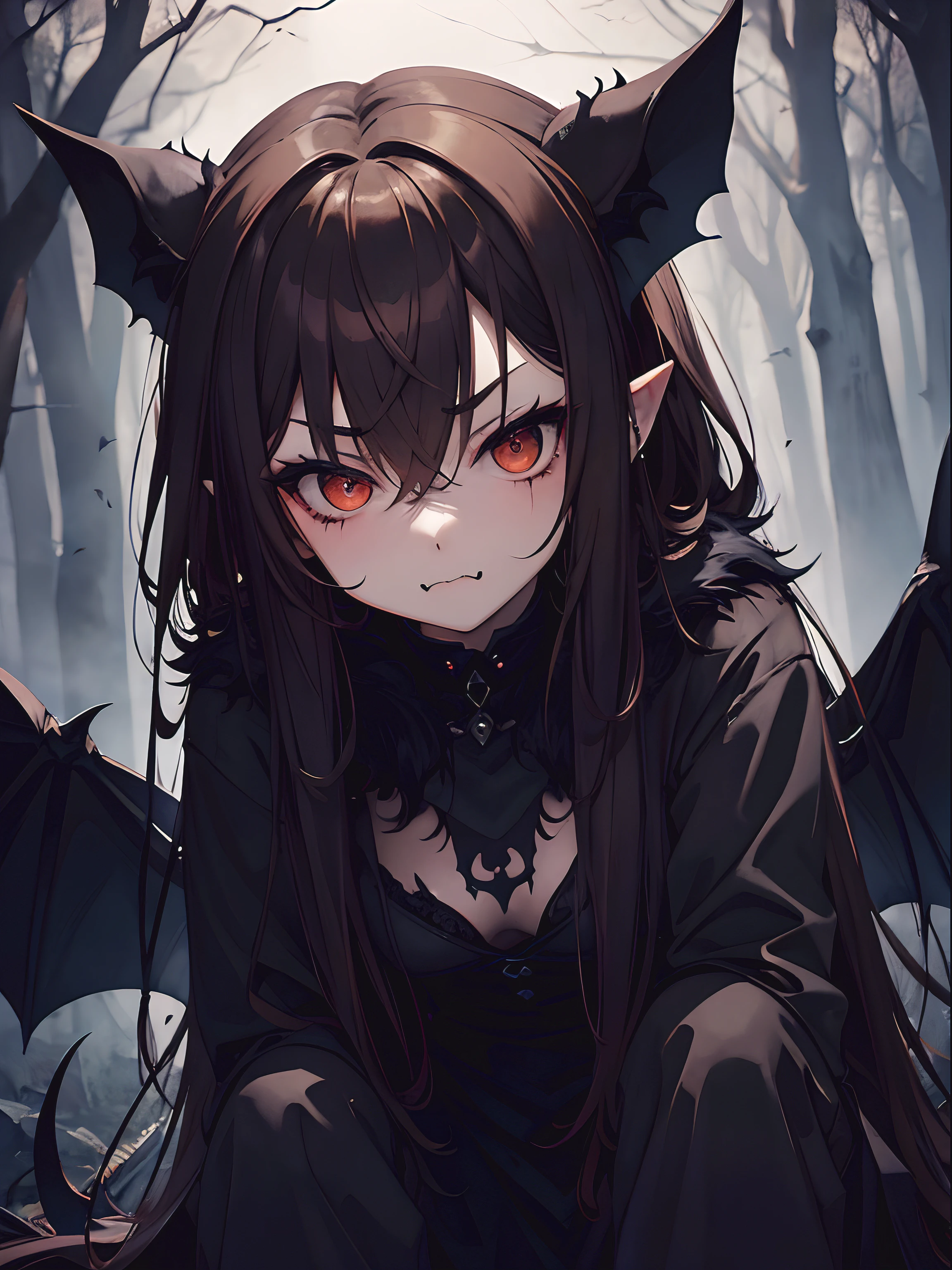 solo, female, close up, gargoyle, grey skin, piercing sapphire blue eyes, glowing eyes:0.2, short spiky hair, jet black hair, athletic, muscular, stoic, small breasts, grey bat wings, grey spade tail, pose, horns, crouching, dressed in rags, night, cathedral outside, cracks