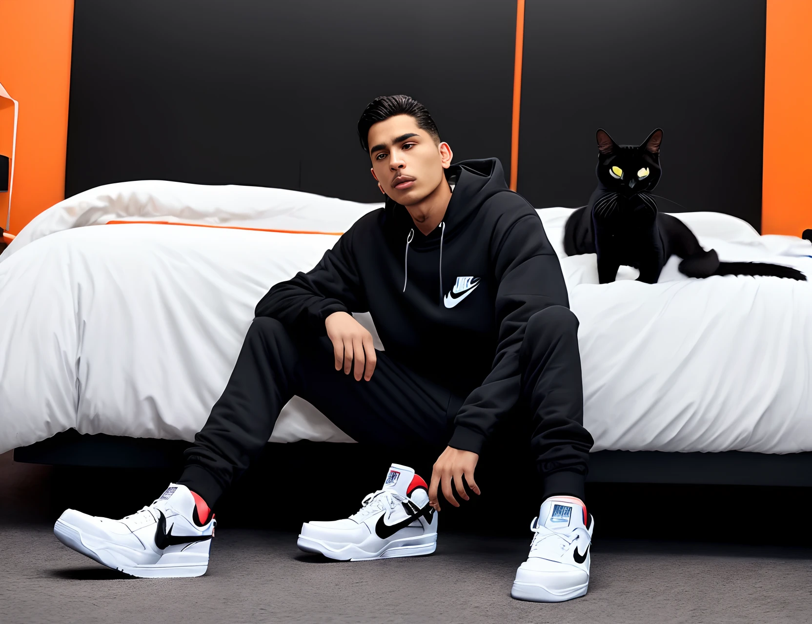Mario sitting on his bed when his room on fire and has on a black Nike tech with black Nike tech joggers with black cats Jordan 4s on and he smoking a cigarette
