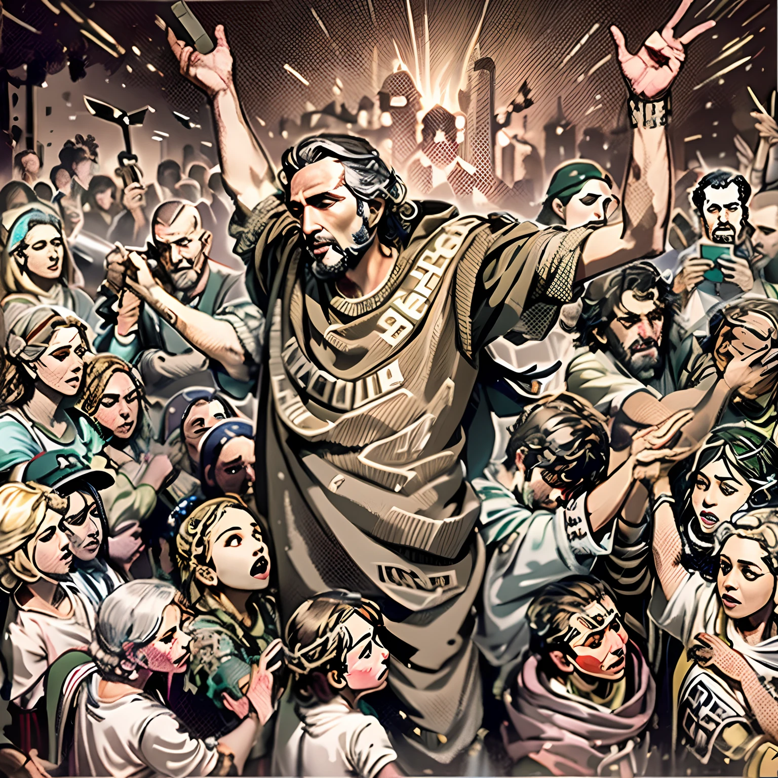 a drawing，A man stands in front of the crowd, Bible illustrations, epic biblical depiction, Jesus wasted at the meeting, epic full color illustration, Martin Ansin, Prophet graphic novel, author：Jason Benjamin, full-colour illustration, author：Jason Felix, author：Eddie Mendoza, author：Jose Comas Quesada, gigachad jesus, cult leader, full color digital illustration