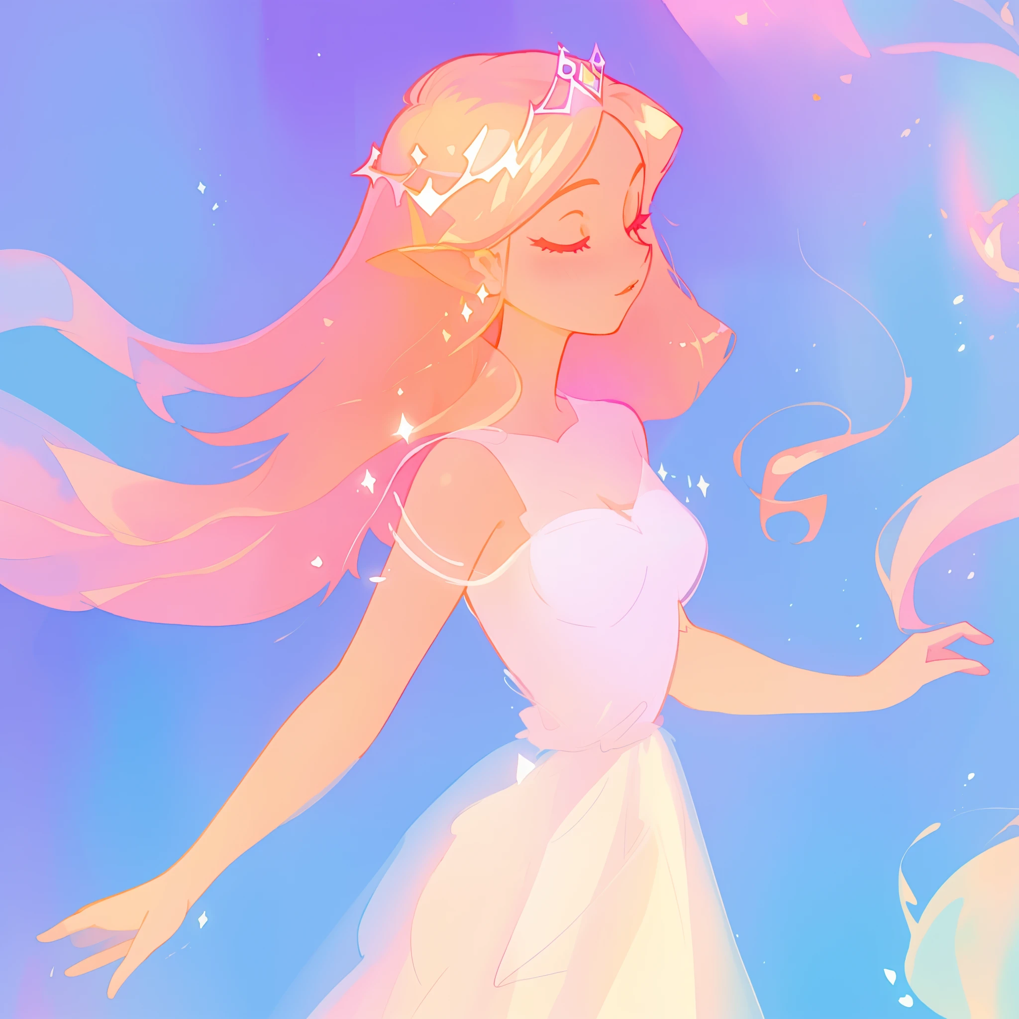 beautiful girl in pale pink puffy layered ballgown, princess, sparkling white tiara, long peach and golden hair, watercolor illustration, inspired by Glen Keane, inspired by Lois van Baarle, disney art style, by Lois van Baarle, glowing aura around her, by Glen Keane, jen bartel, glowing lights! digital painting, flowing glowing hair, glowing flowing hair, beautiful digital illustration, fantasia otherworldly landscape plants flowers, beautiful, masterpiece, best quality, anime disney style