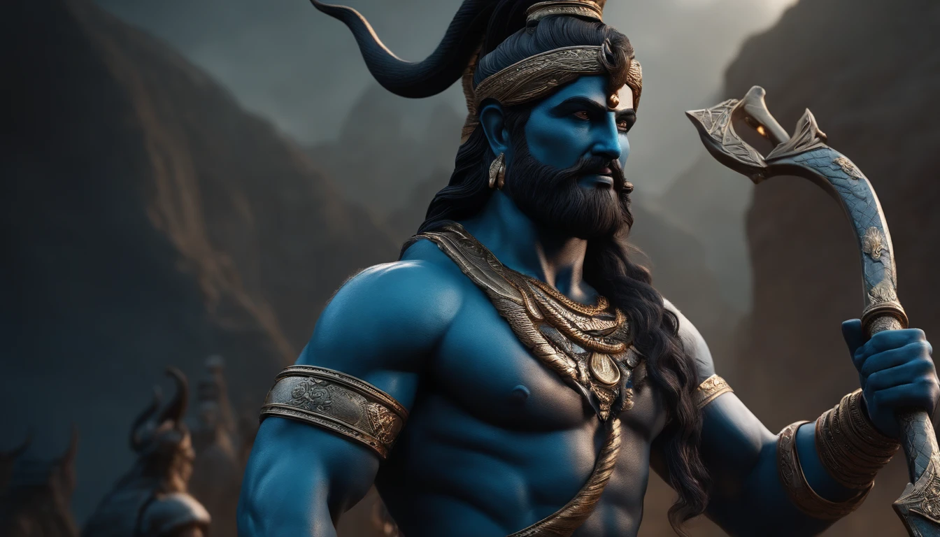 (best quality,4k,8k,highres,masterpiece:1.2),ultra-detailed,(realistic,photorealistic,photo-realistic:1.37), shiva mahadev, hndu mythical , intense stare, muscular physique, dramatic lighting, classical sculpture, heroic pose, dark background, mythical battle, severed head, menacing expressions, intricate details, dynamic composition, epic confrontation, powerful weapons, ancient Greek mythology trident , trisul, snake garland, blue skin, god , matted hair