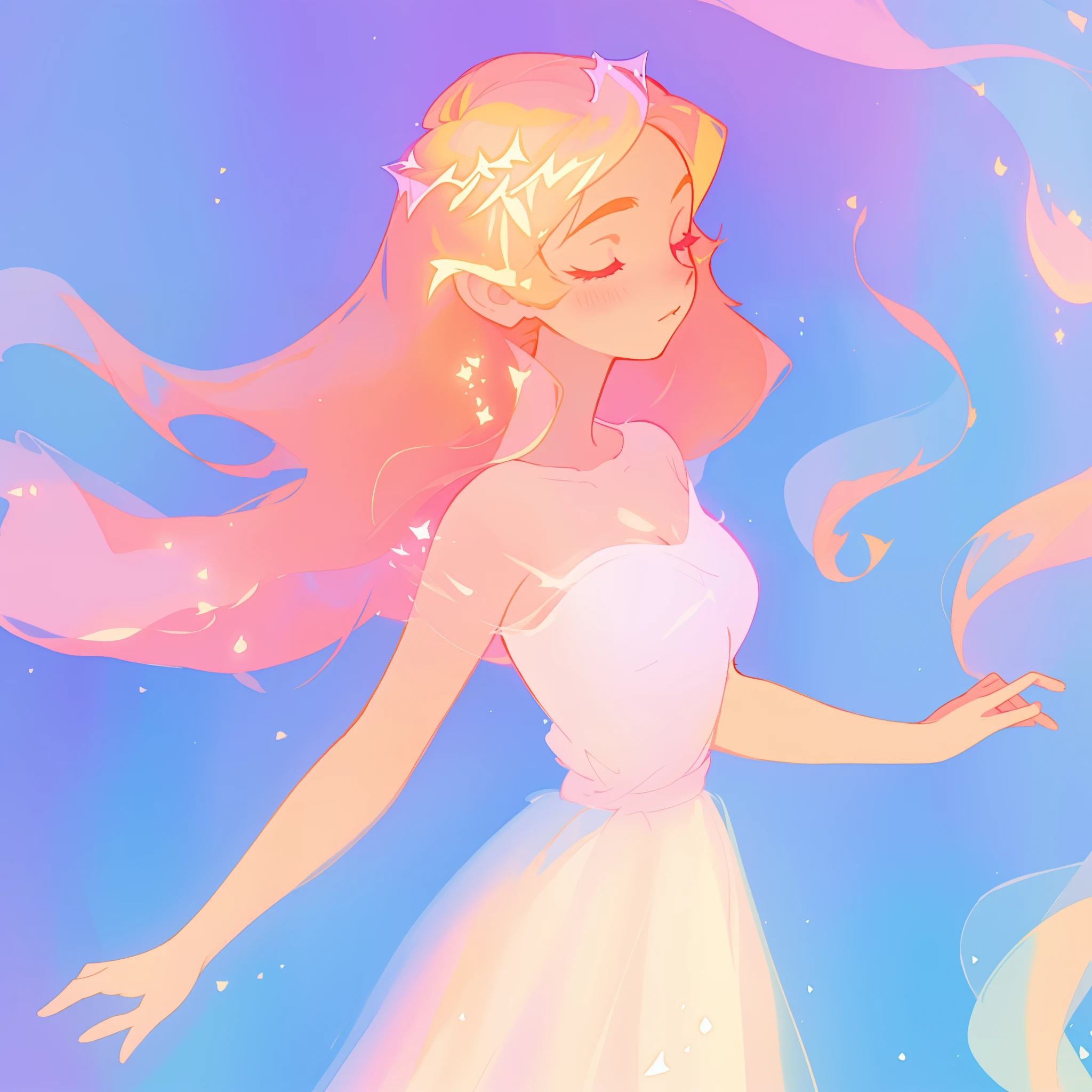 beautiful girl in pale pink puffy layered ballgown, princess, sparkling white tiara, long peach and golden hair, watercolor illustration, inspired by Glen Keane, inspired by Lois van Baarle, disney art style, by Lois van Baarle, glowing aura around her, by Glen Keane, jen bartel, glowing lights! digital painting, flowing glowing hair, glowing flowing hair, beautiful digital illustration, fantasia otherworldly landscape plants flowers, beautiful, masterpiece, best quality, anime disney style